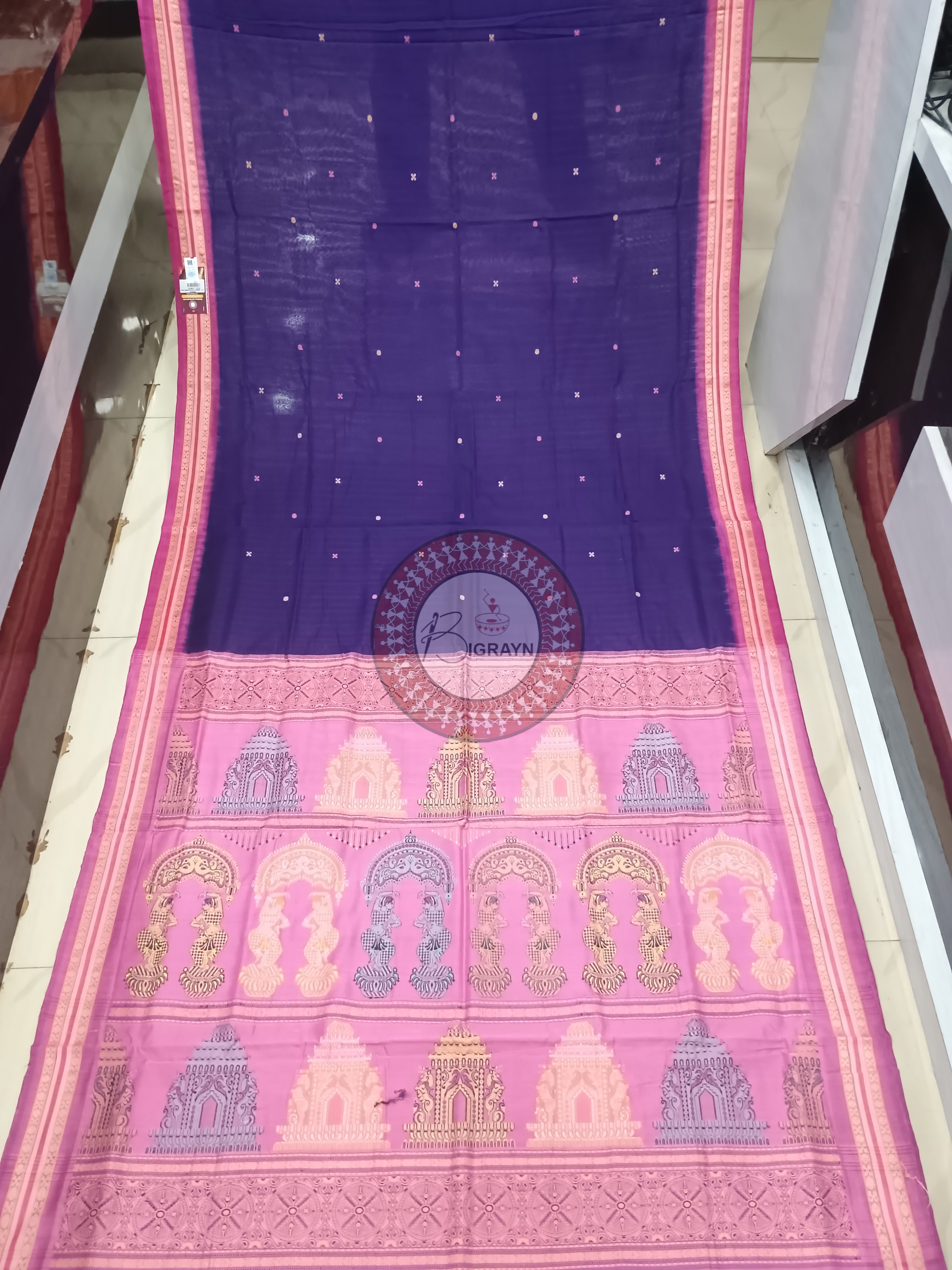 Navy Blue Pink Konark Jaala Handloom Bomkai Cotton Saree