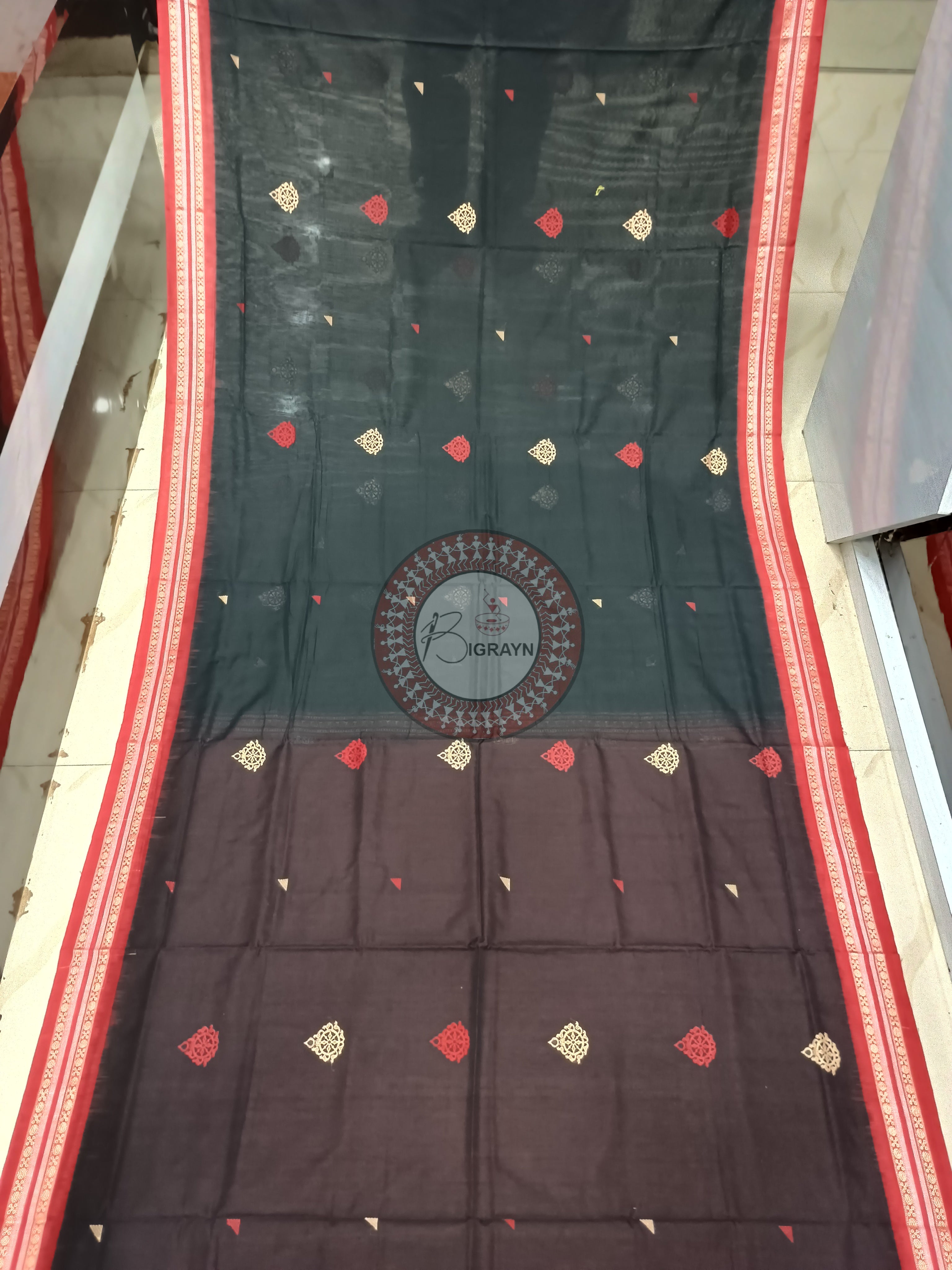 Black Maroon Sri Mandira Handloom Sambalpuri Cotton Saree
