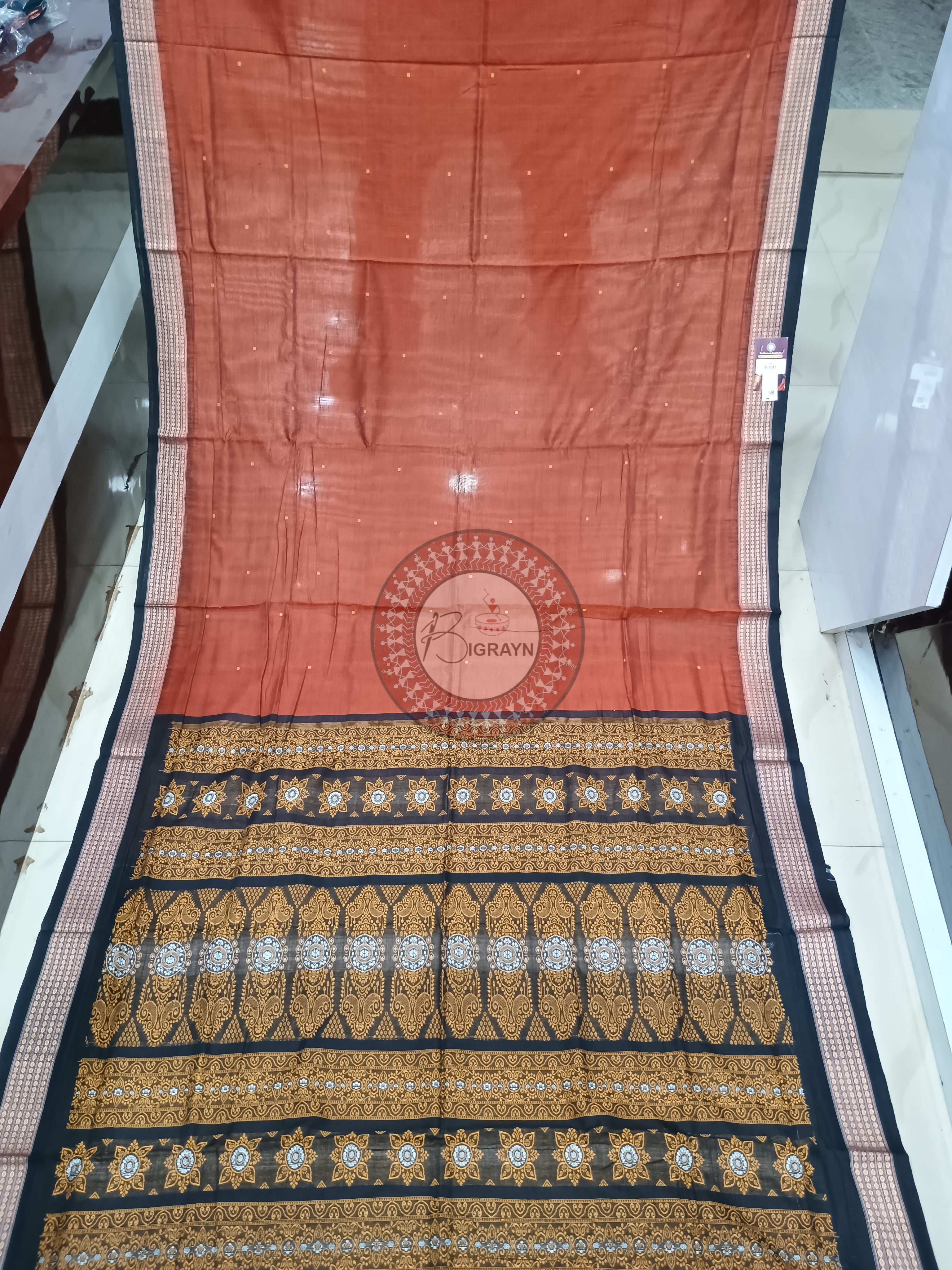 Brown Black Buti Handloom Bomkai  Cotton Saree