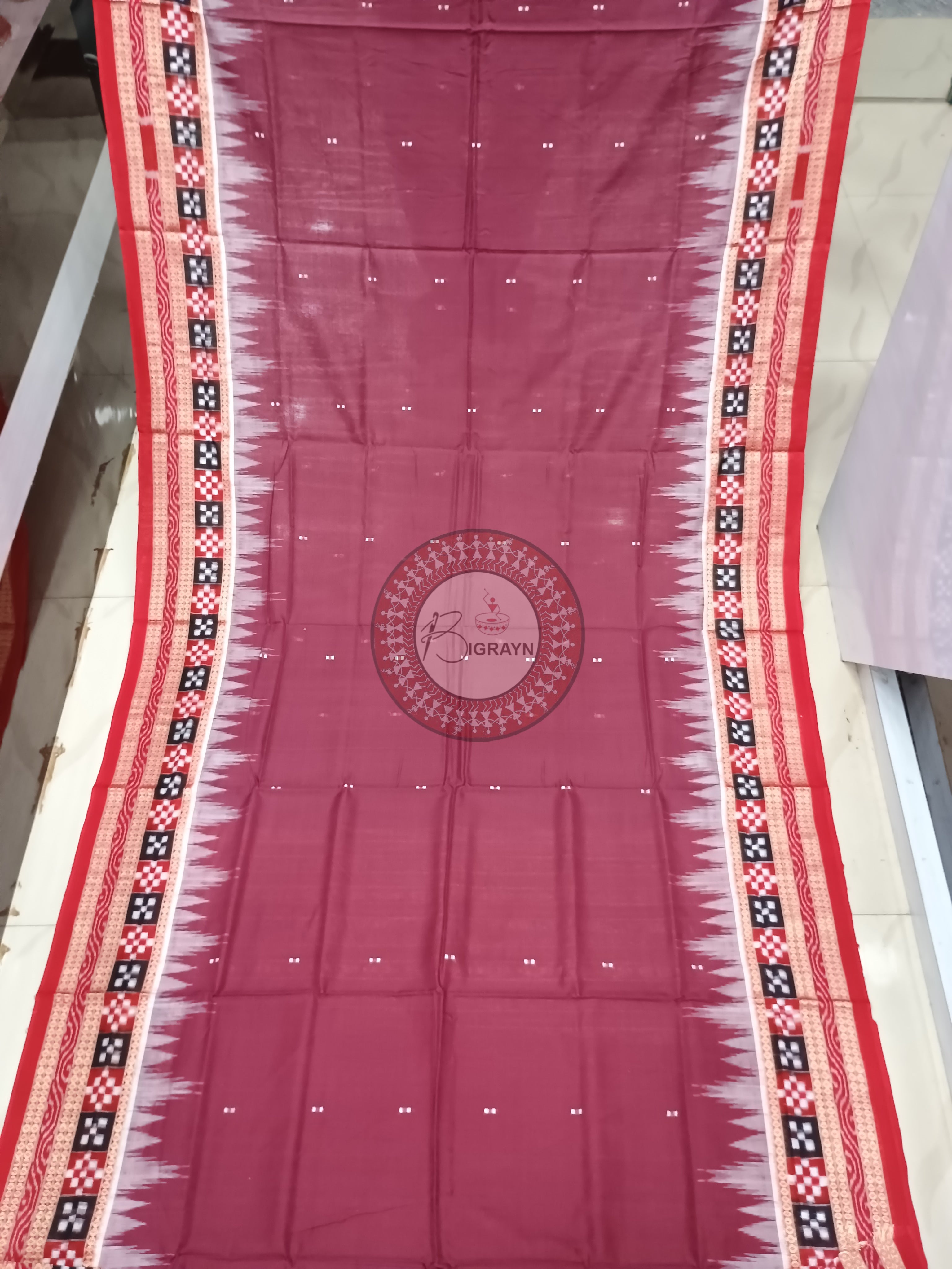 Coffee Maroon Buti Pasapali Handloom Sambalpuri Cotton Saree