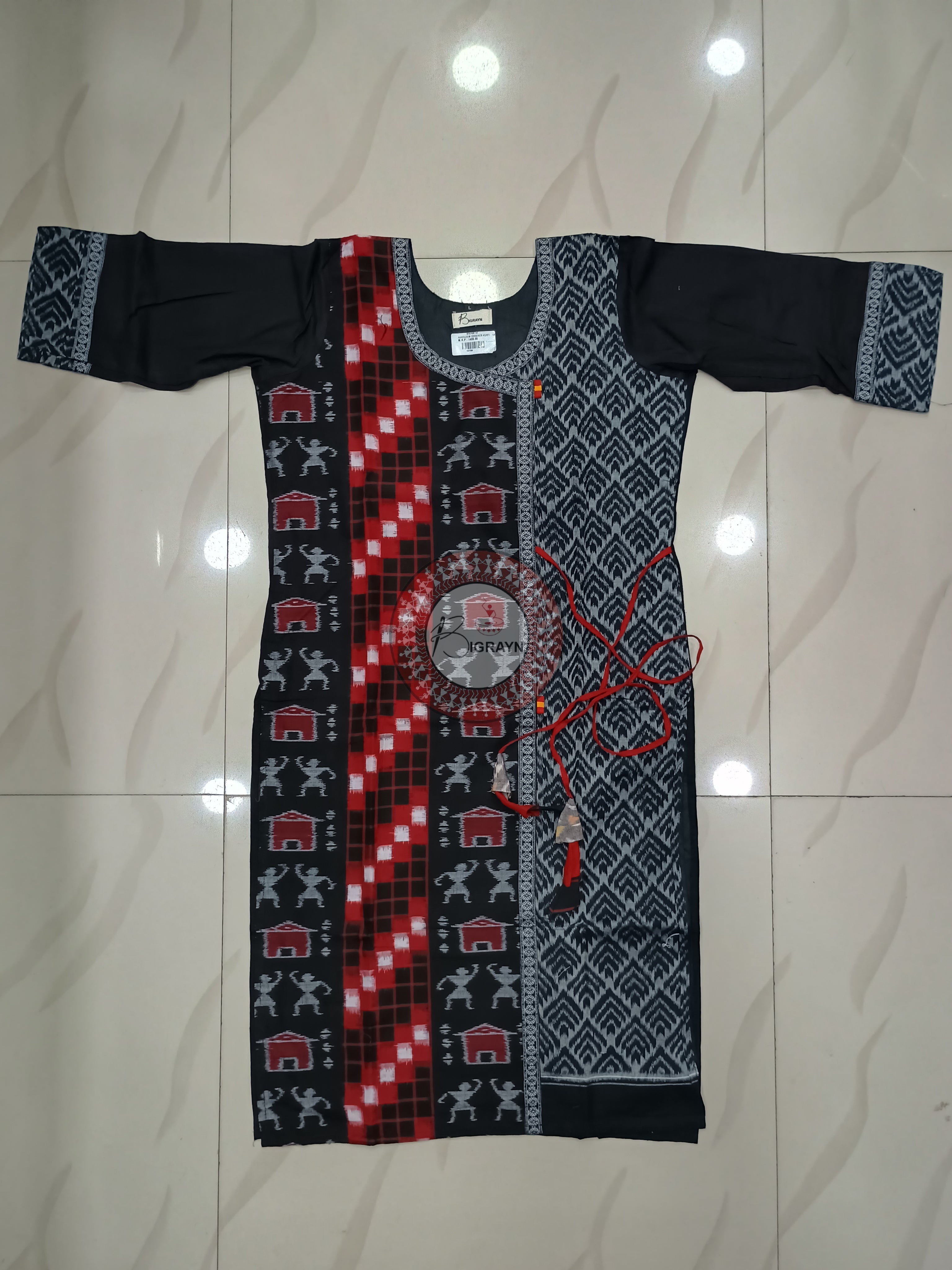 White Black Tribal Designer A-Line Kurti