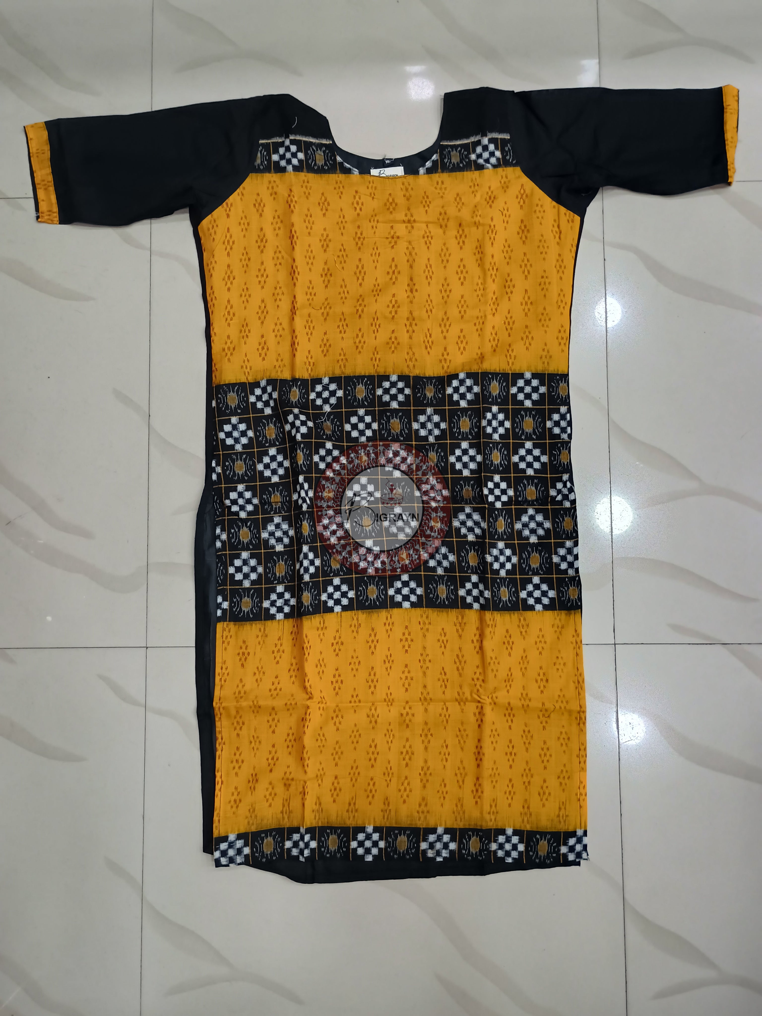Yellow Black Pasapali Designer A-Line Kurti