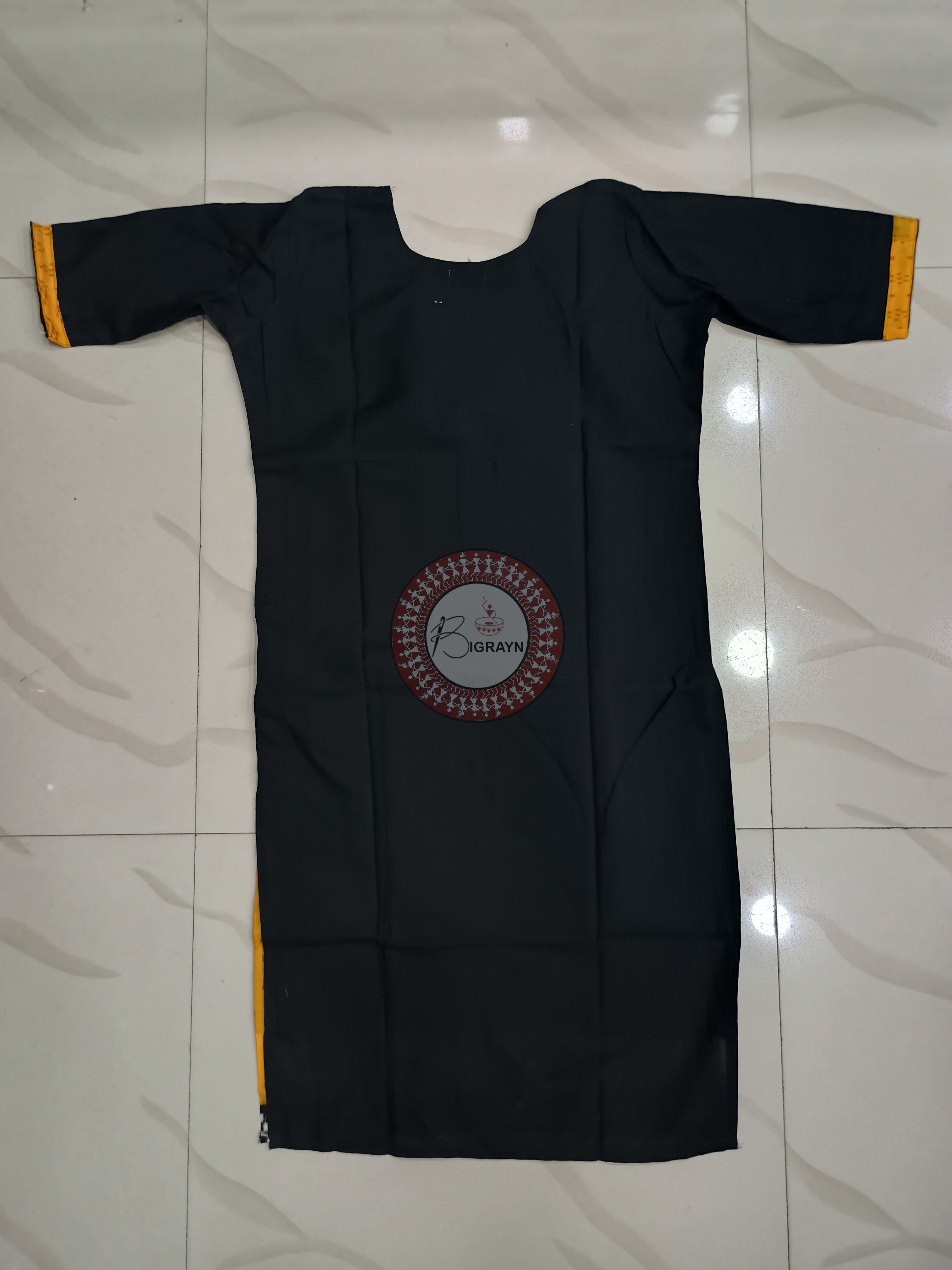 Yellow Black Pasapali Designer A-Line Kurti