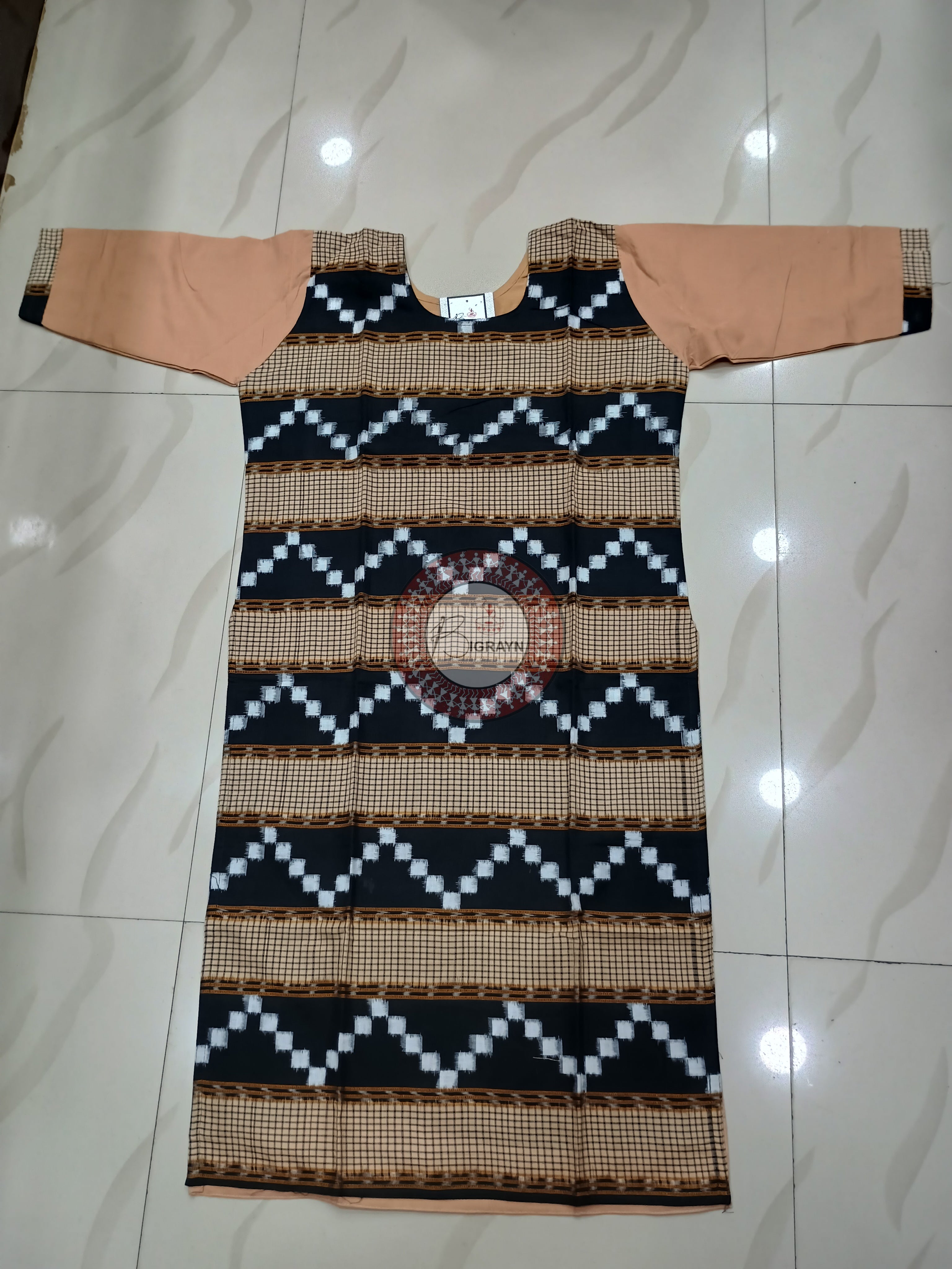Peach Black Ikat Designer A-Line Kurti