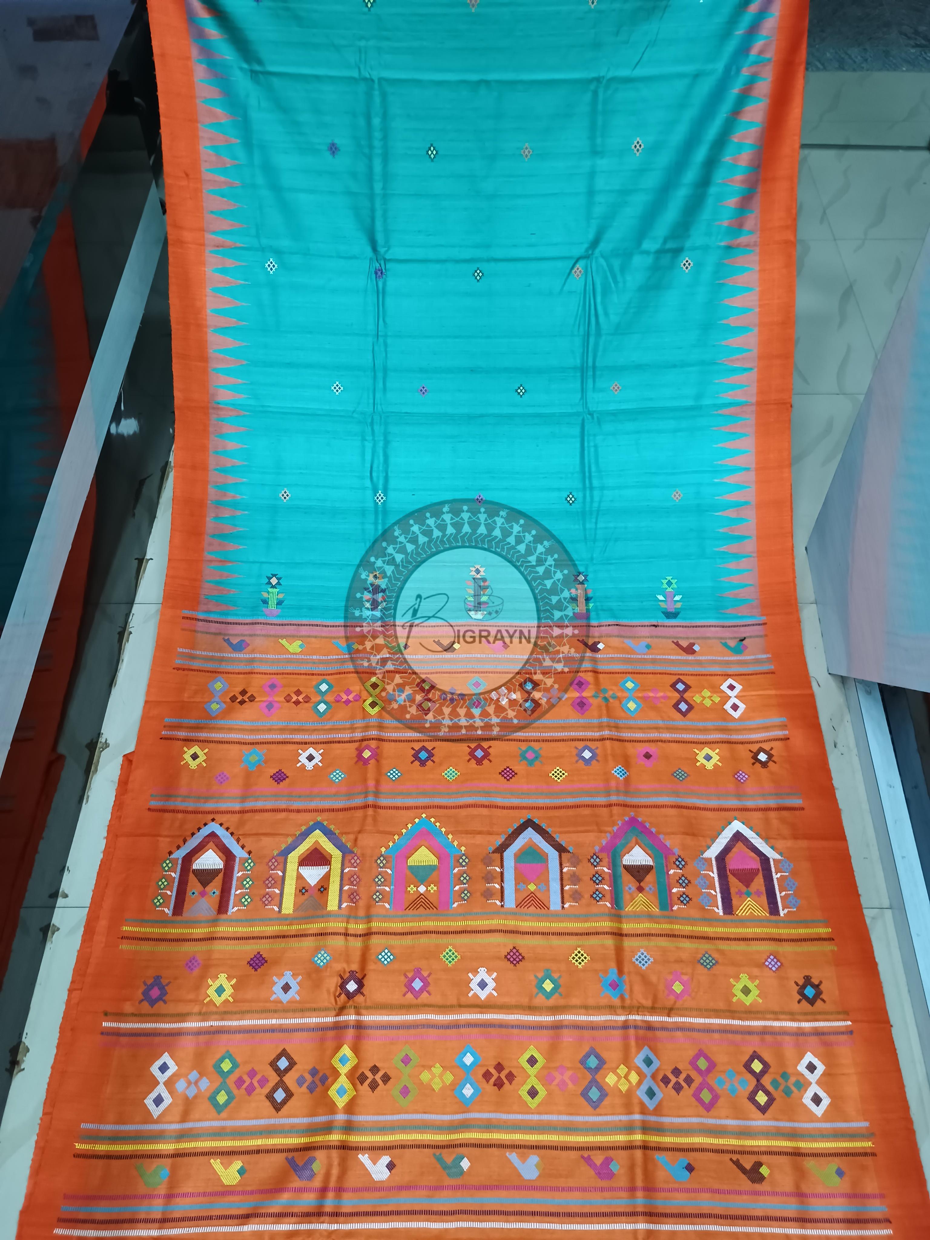 Oceanic light Blue Orange Dolabedi Gopalpur Tussar Silk Saree