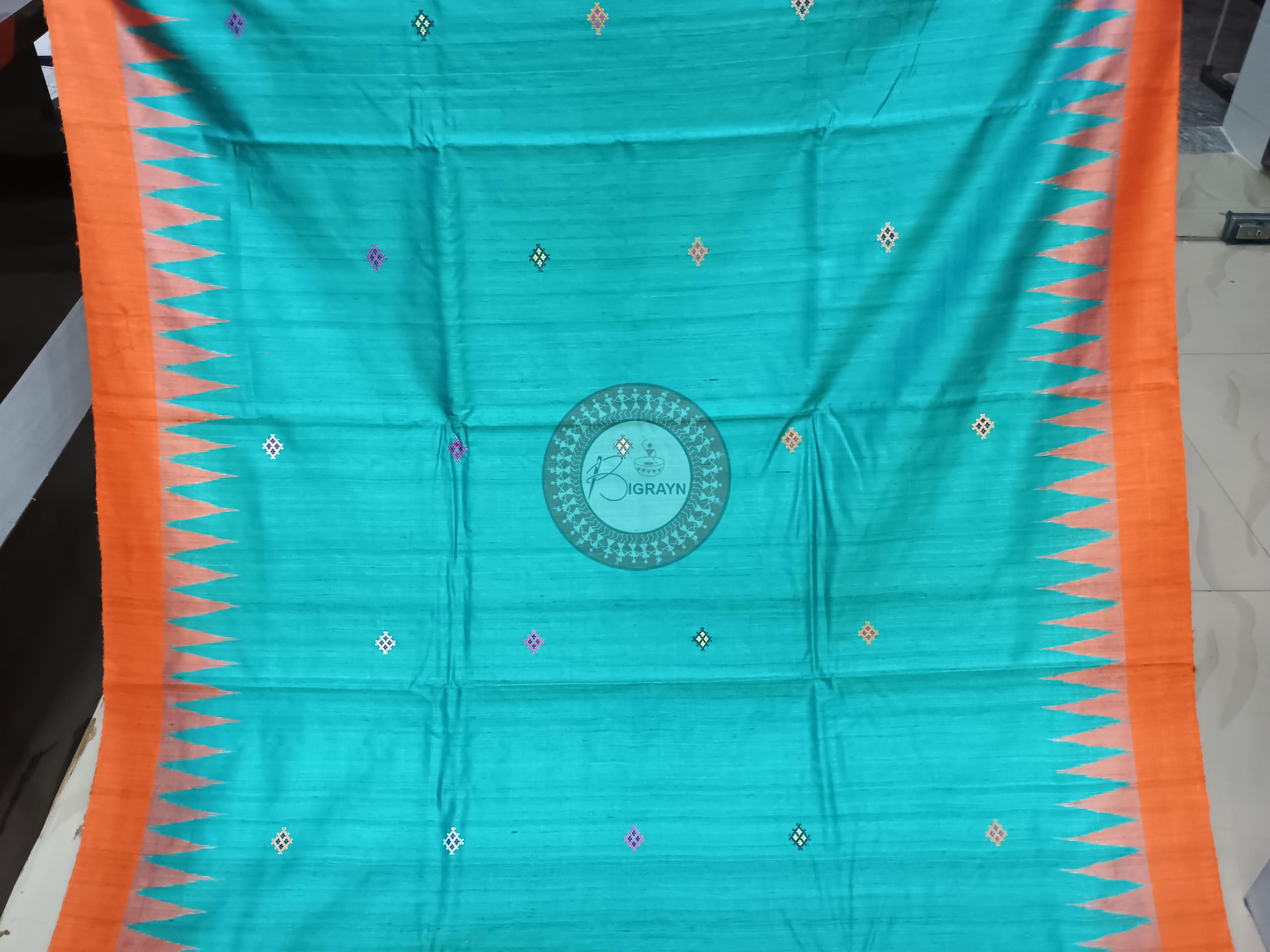 Oceanic light Blue Orange Dolabedi Gopalpur Tussar Silk Saree