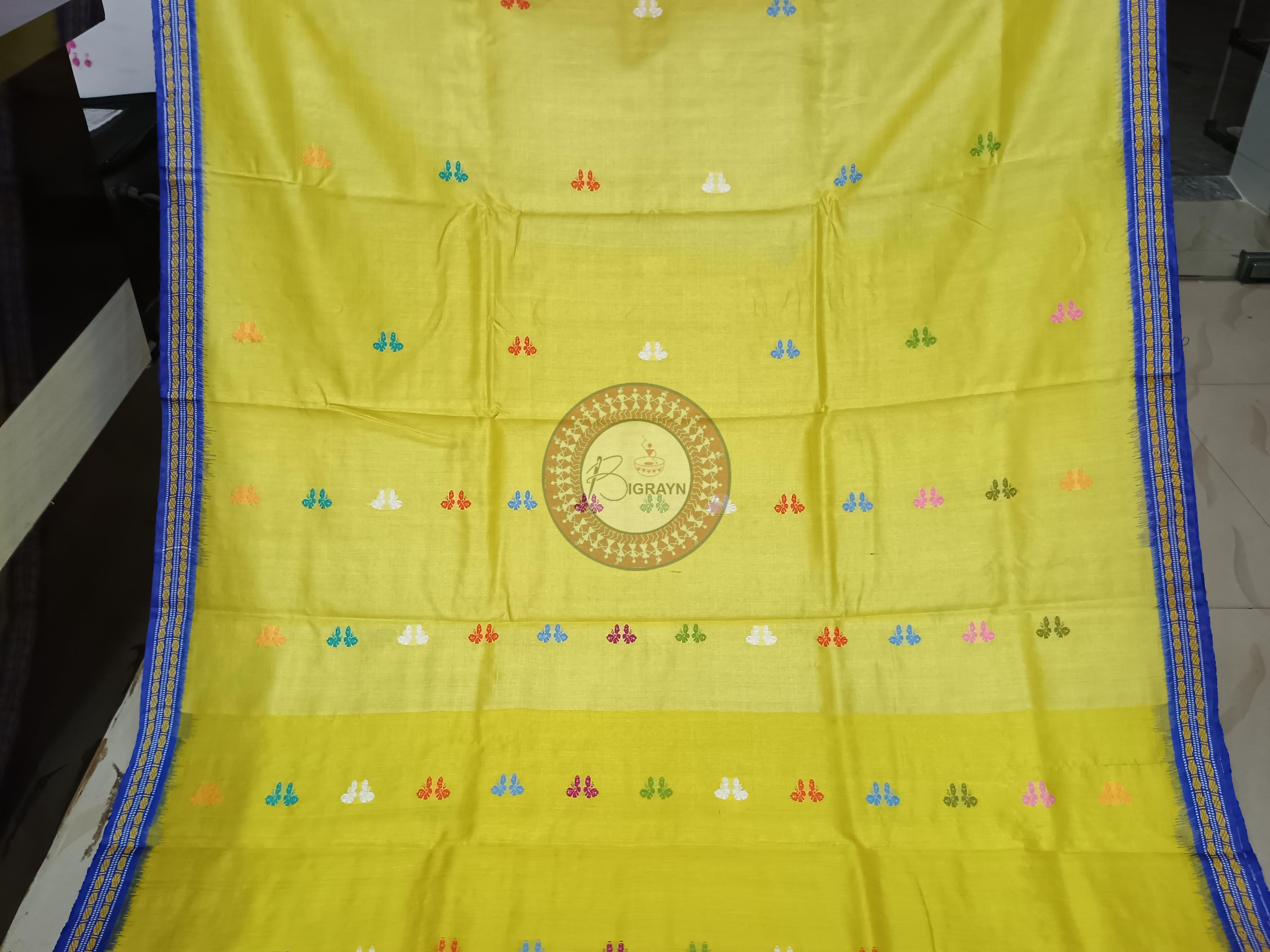 Lemon Yellow Blue Jalla Work Gopalpur Tussar Silk Saree