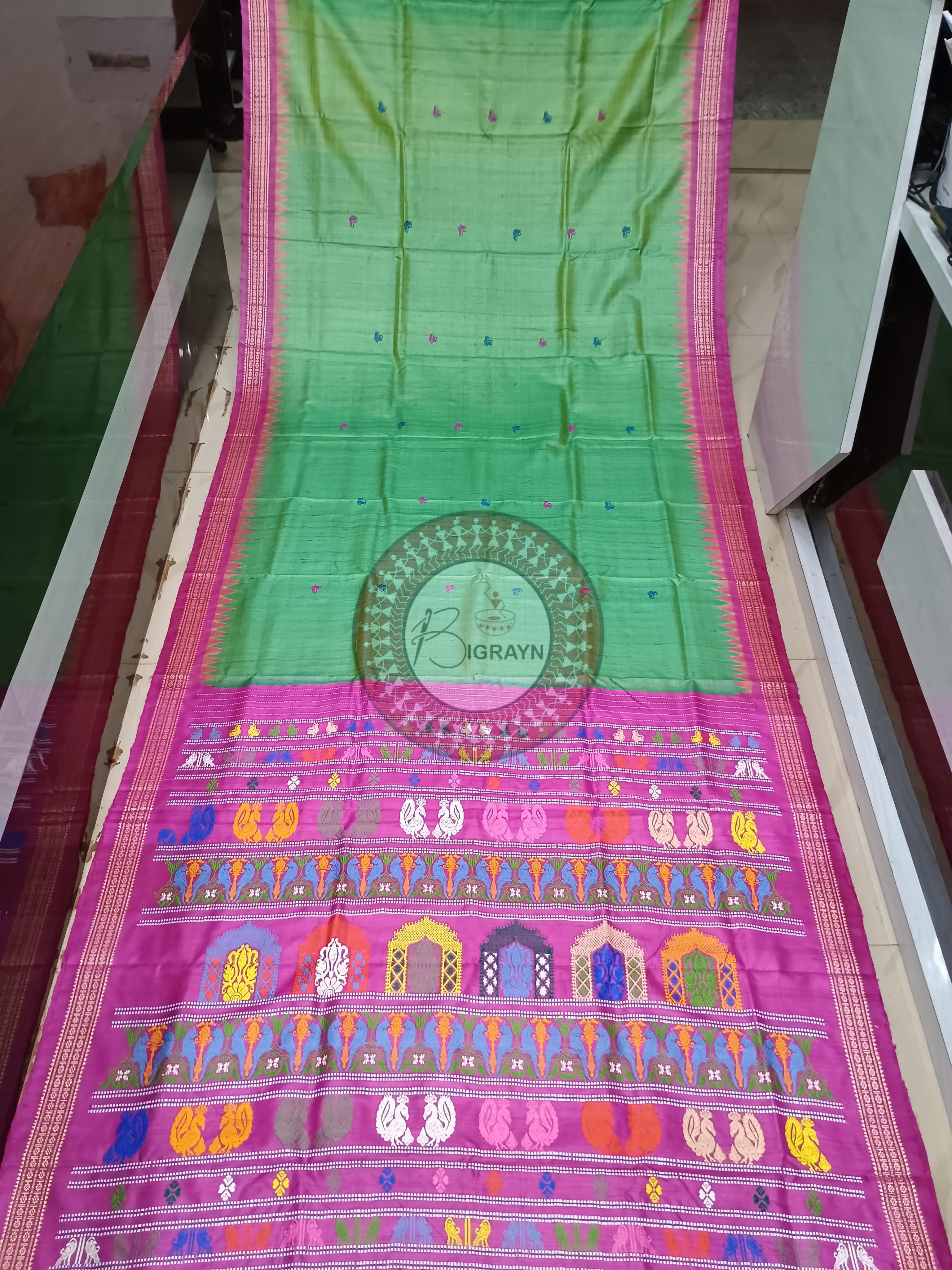 Light Green Magenta Jalla Work Dolabedi Gopalpur Tussar Silk Saree