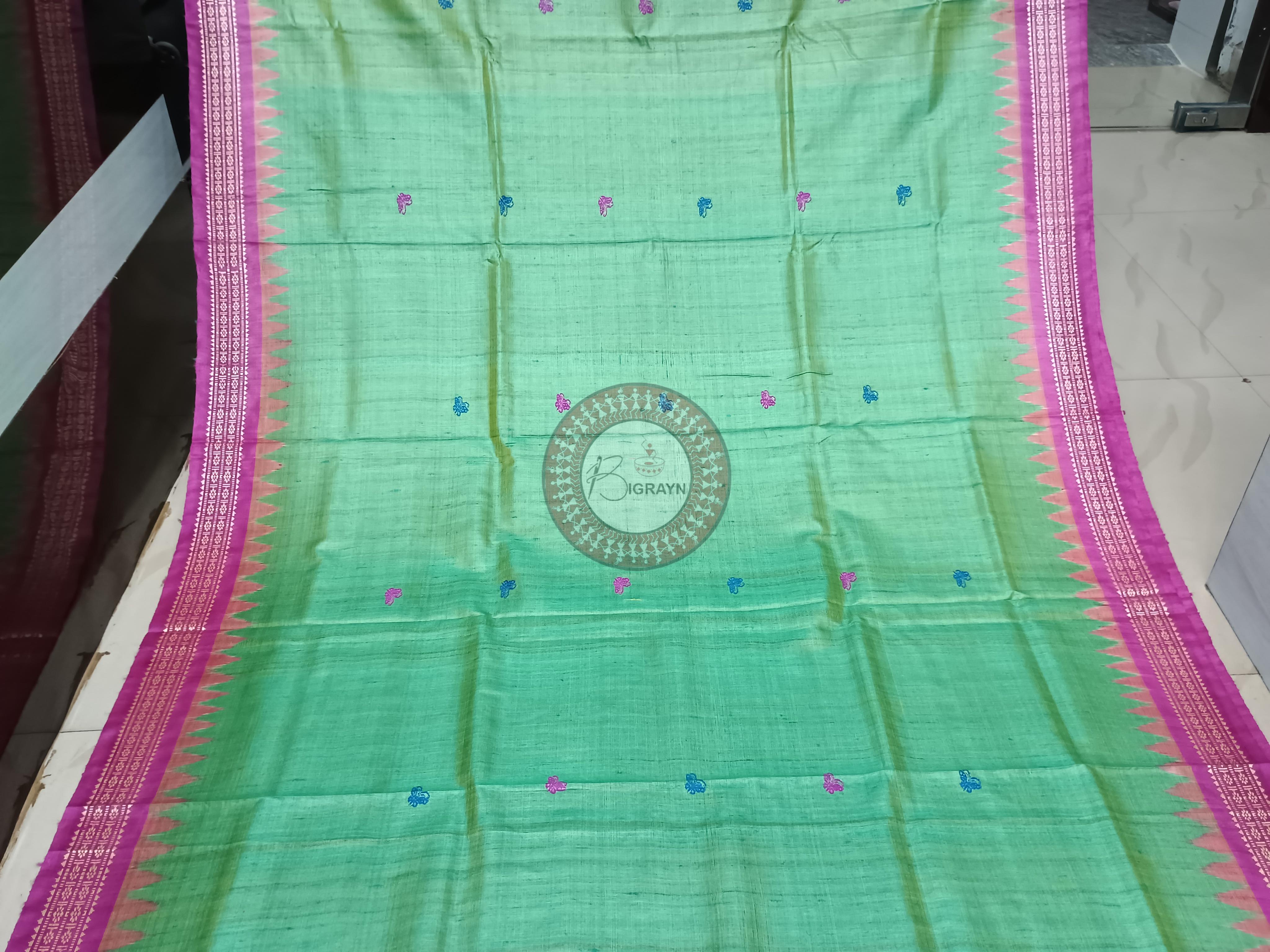 Light Green Magenta Jalla Work Dolabedi Gopalpur Tussar Silk Saree