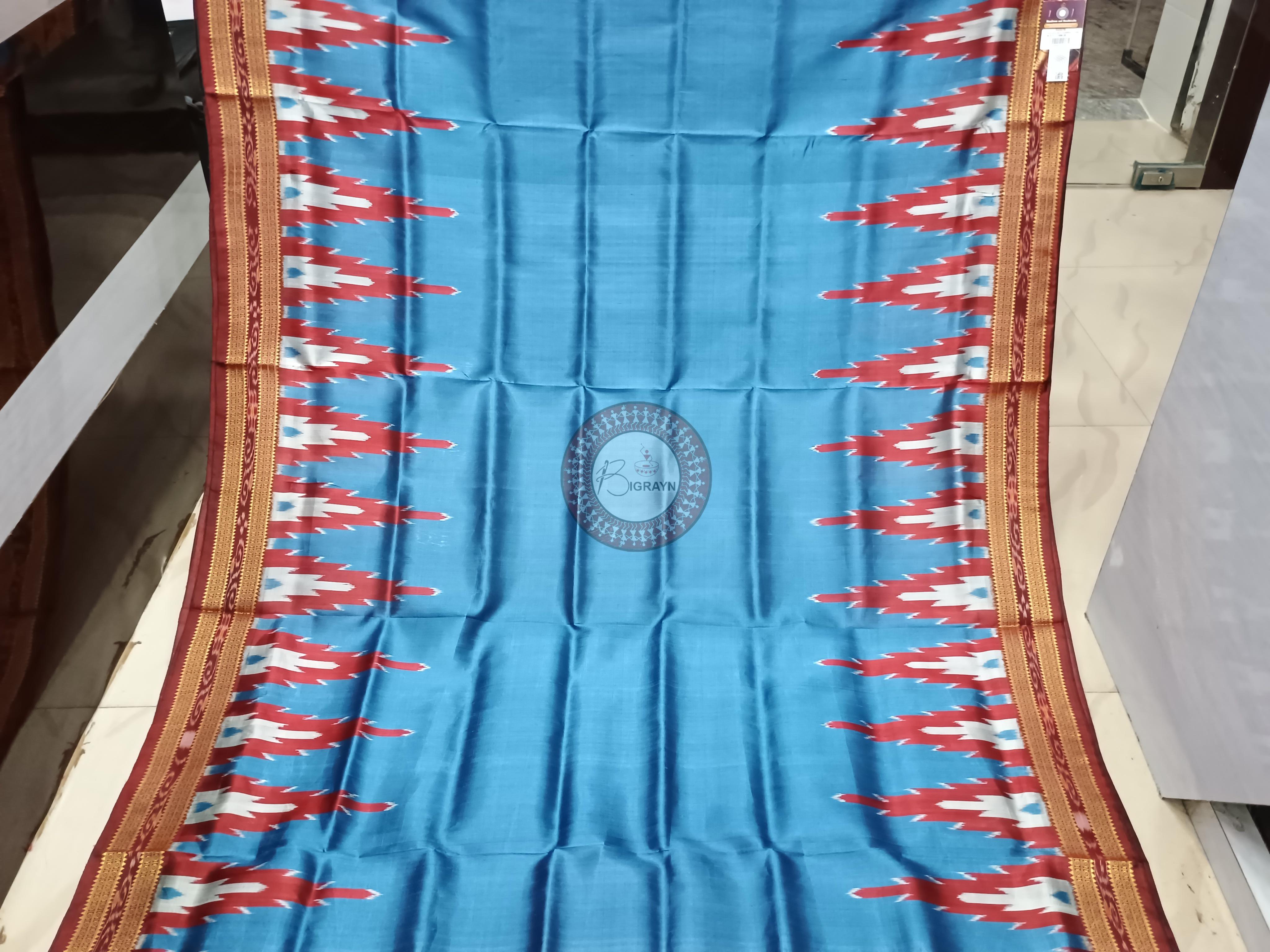 Light Blue Maroon Kumbha Khandua Silk Saree