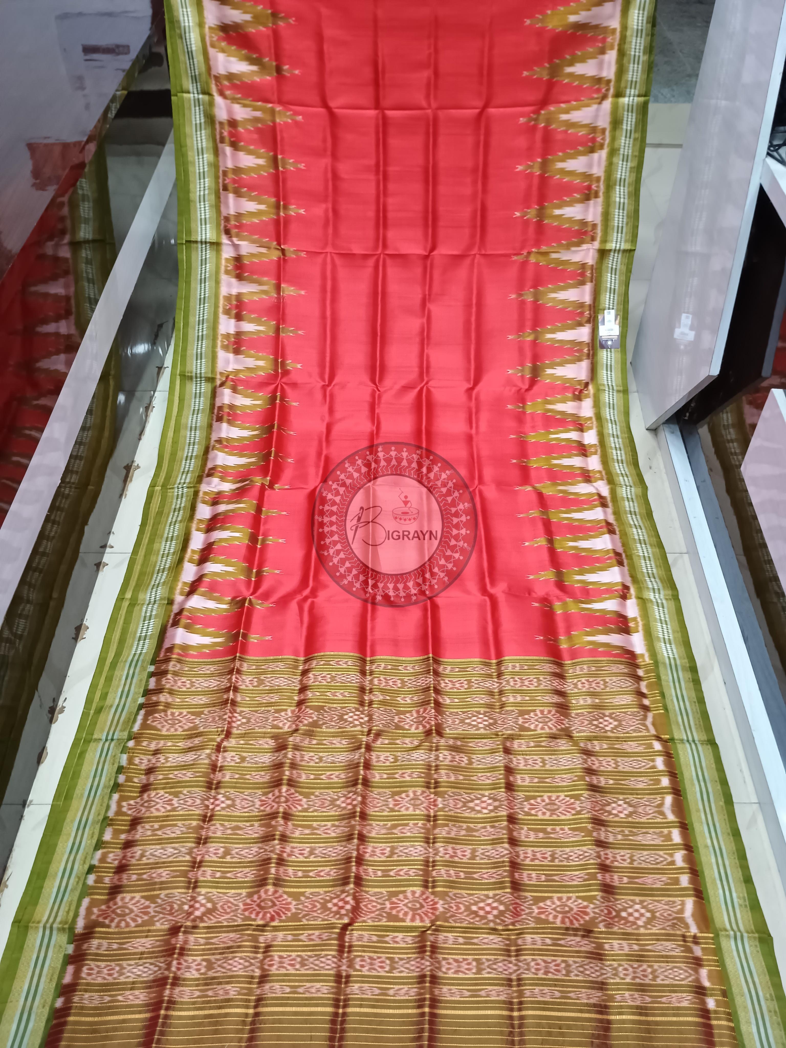 Red Mehendi Green Kumbha Khandua Silk Saree