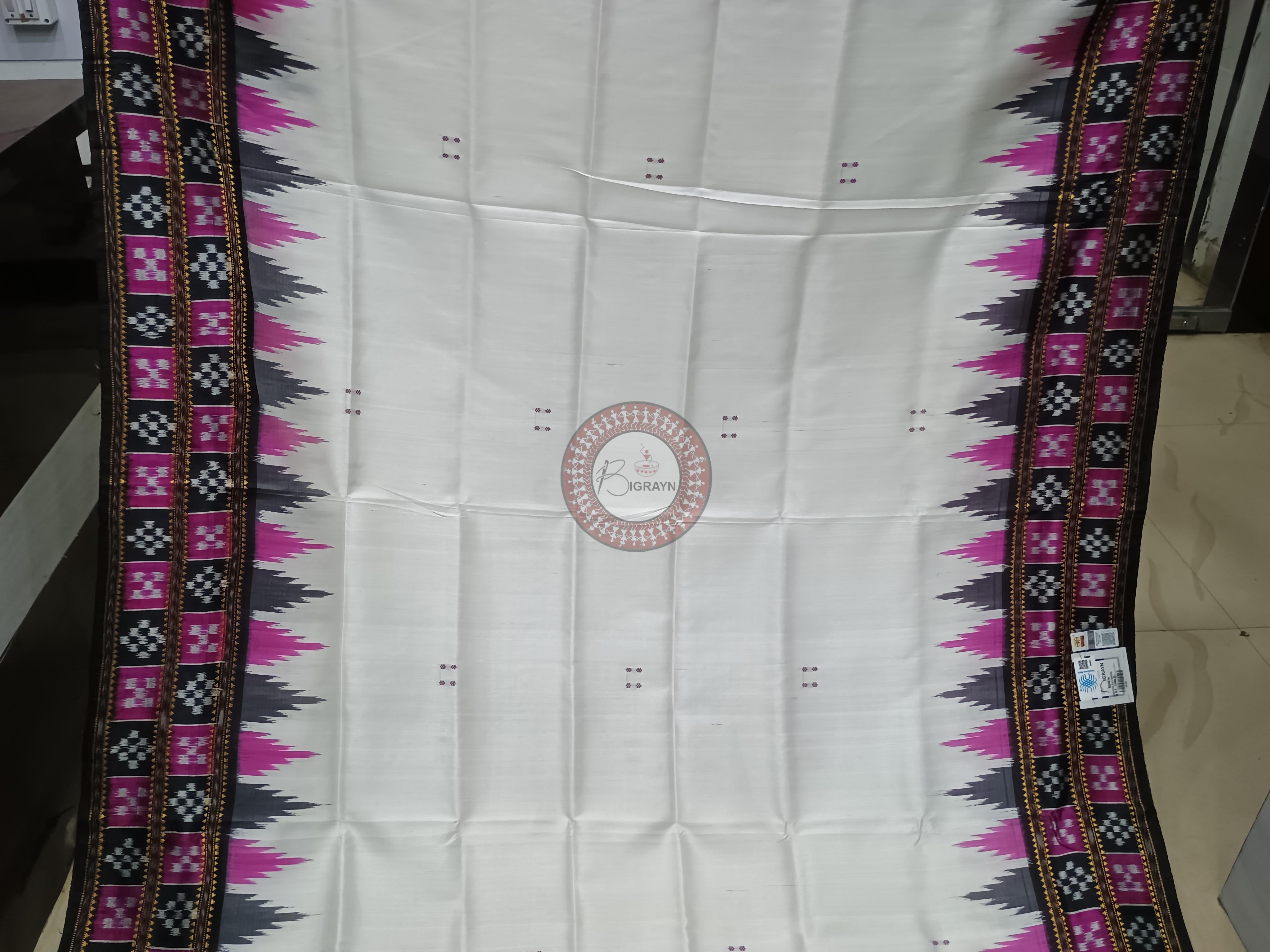 White Purple Double Pasapali Border Khandua Silk Saree