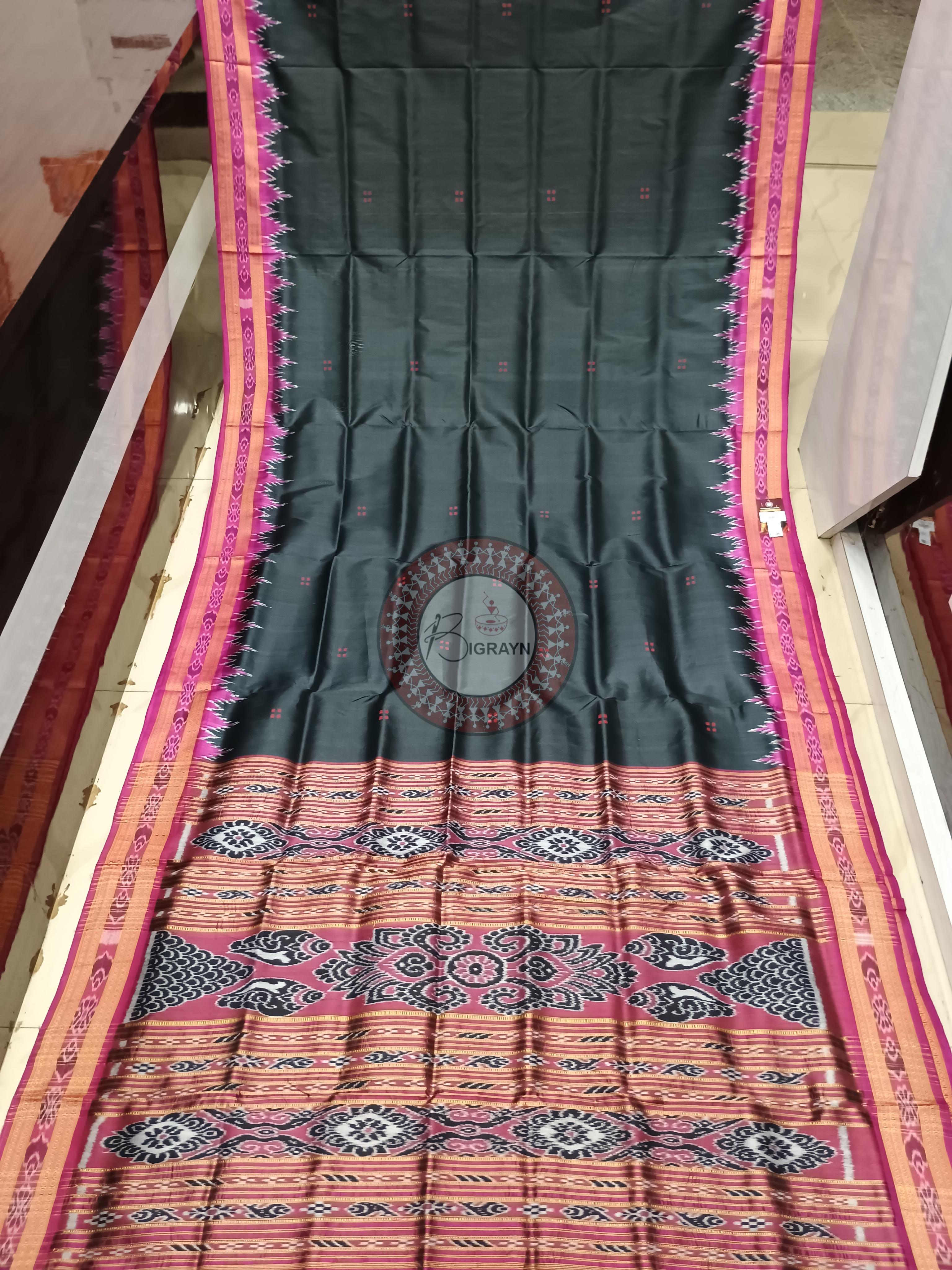 Black Magenta Buti Kumbha Khandua Silk Saree