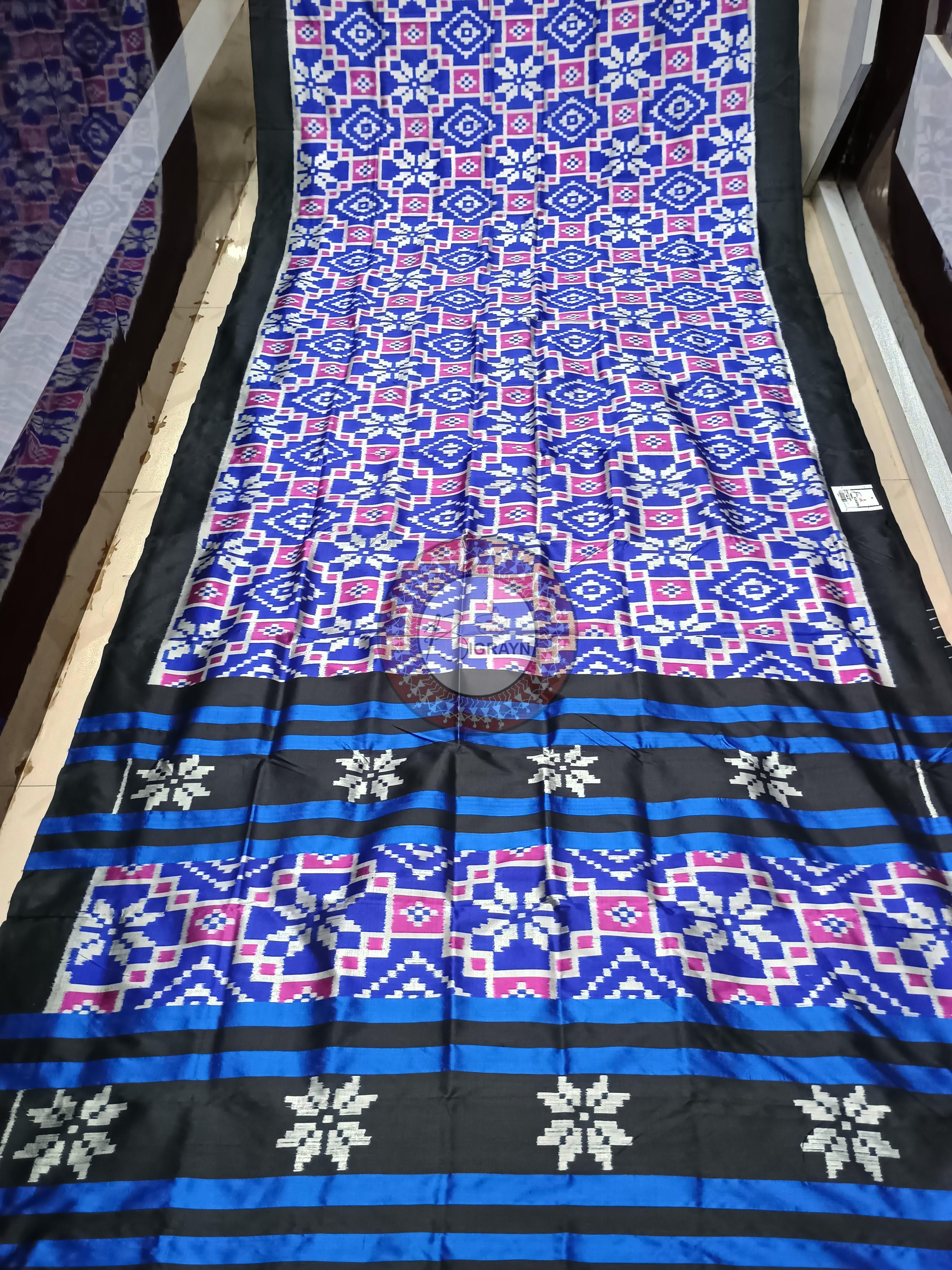 Blue Black Telia Rumal Design Khandua Silk Saree