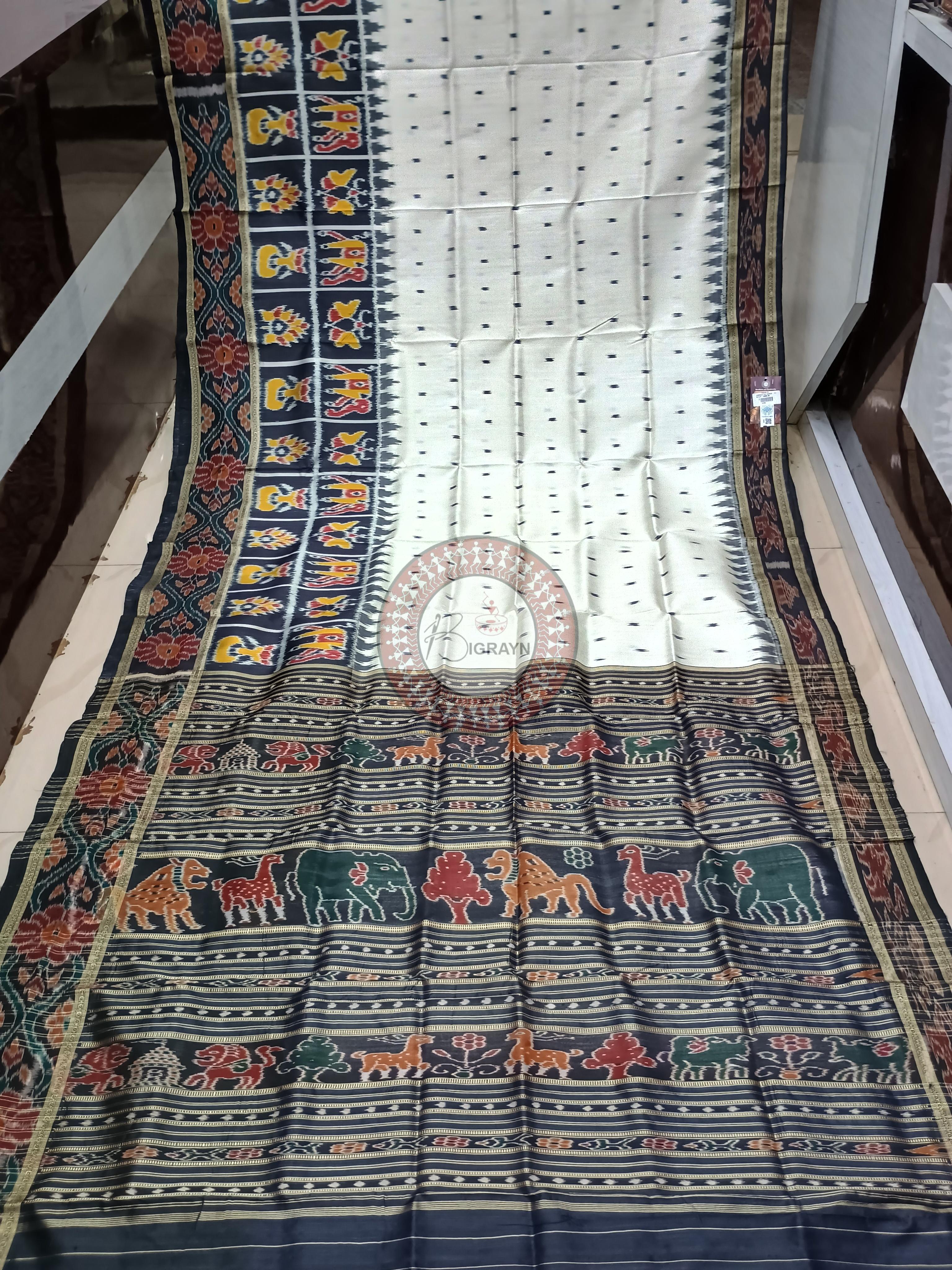 White Black Scot Animal And Kalashi Design Khandua Silk Saree