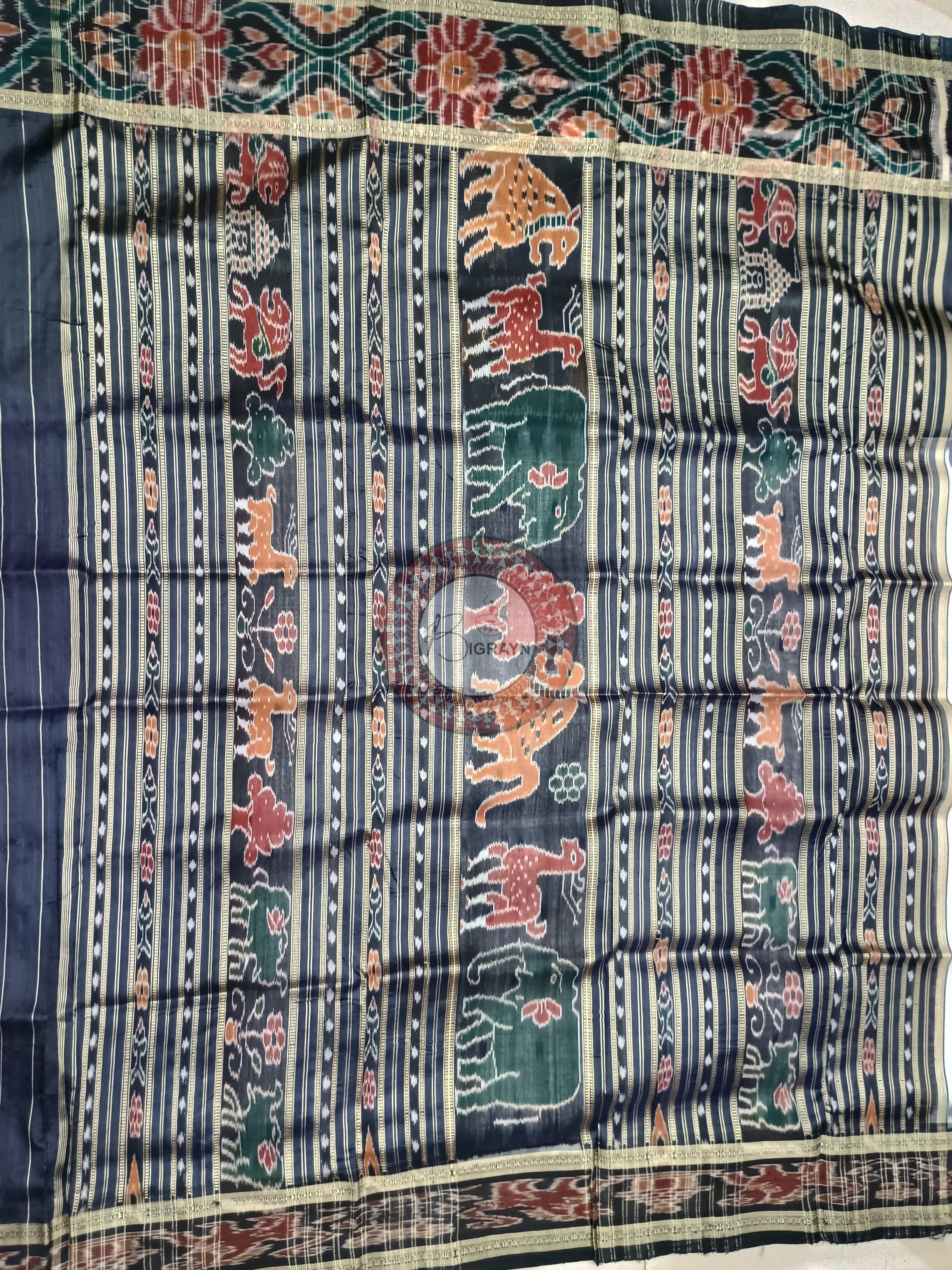 White Black Scot Animal And Kalashi Design Khandua Silk Saree