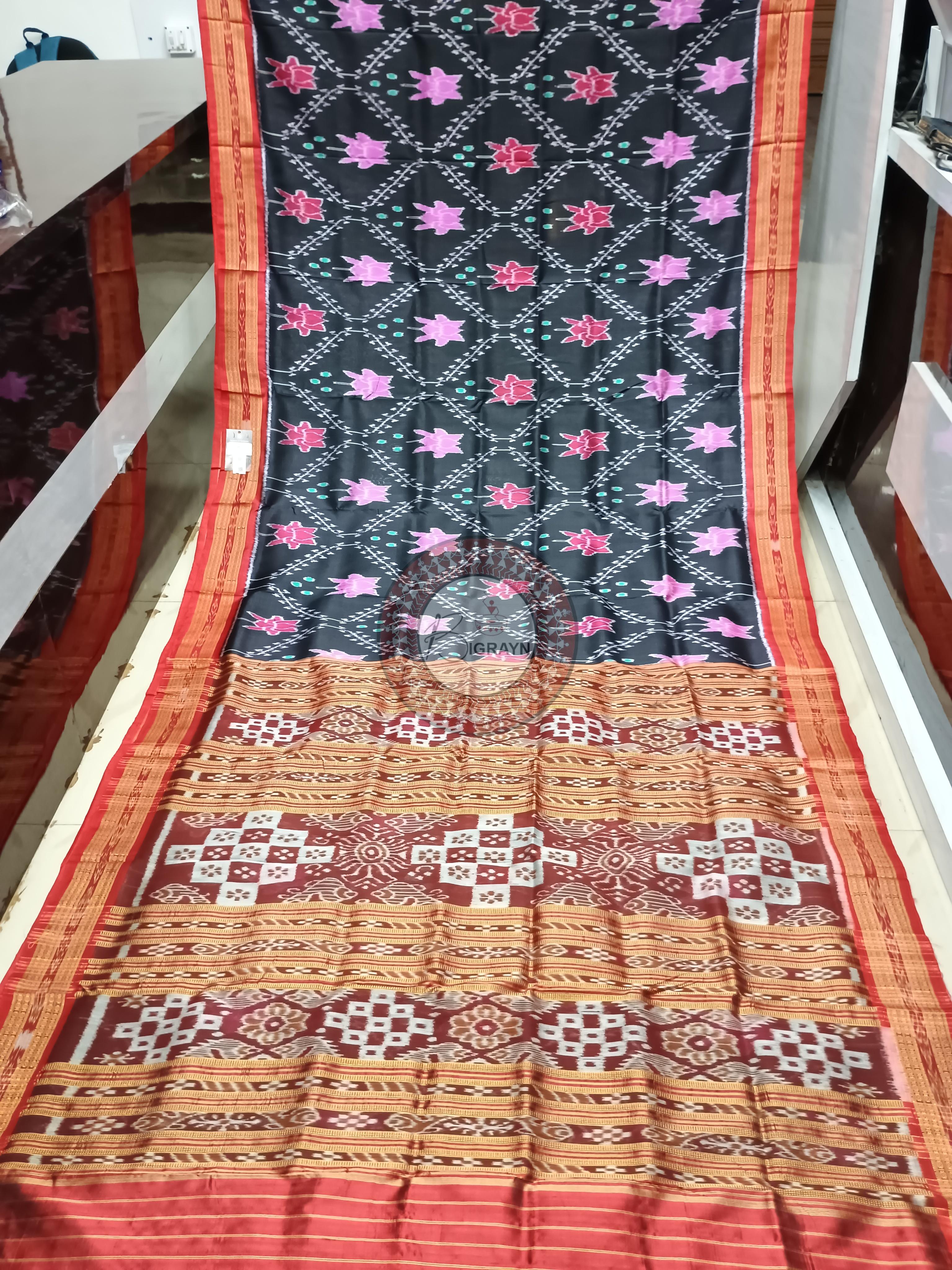 Black Red Lotus Design Khandua Silk Saree