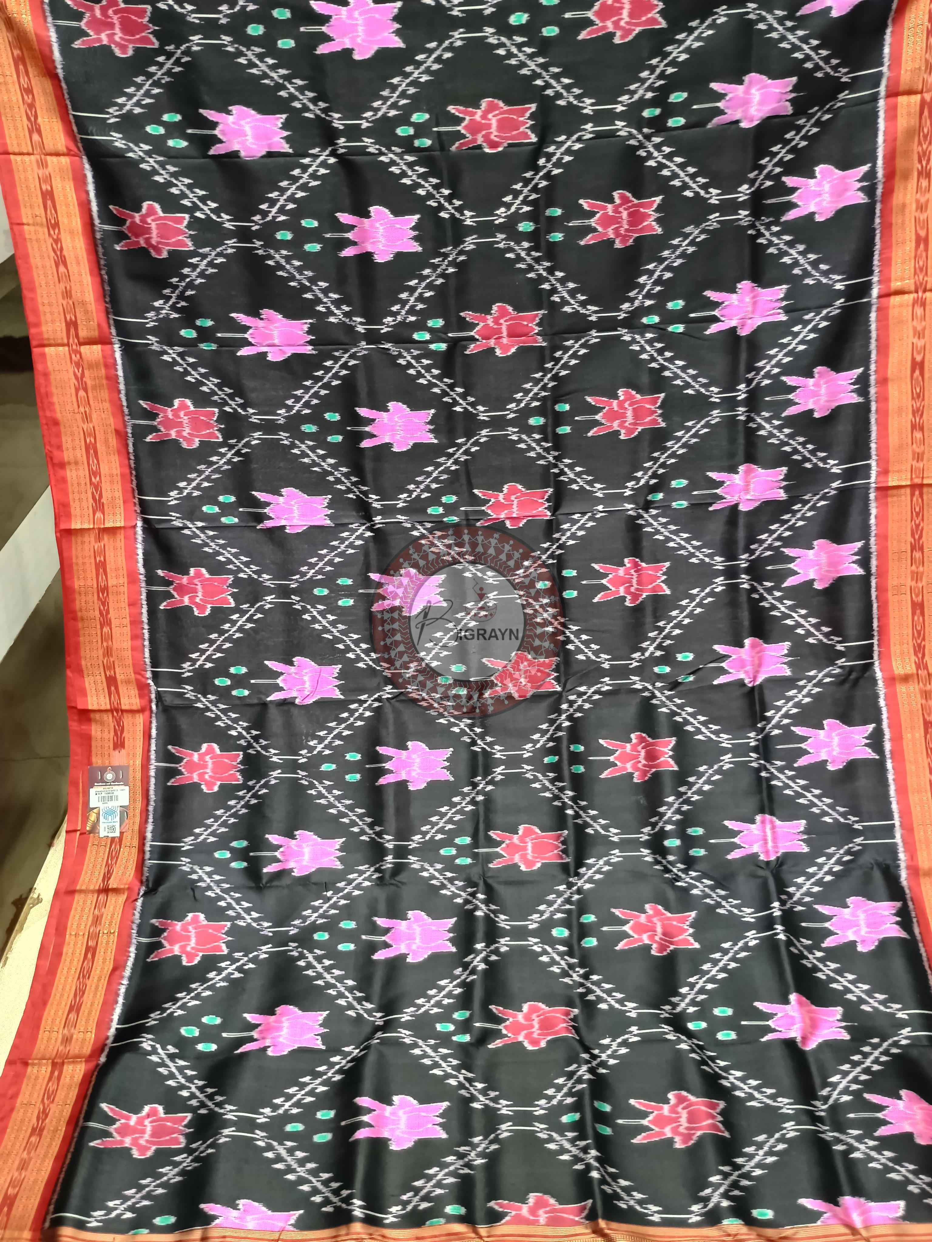 Black Red Lotus Design Khandua Silk Saree