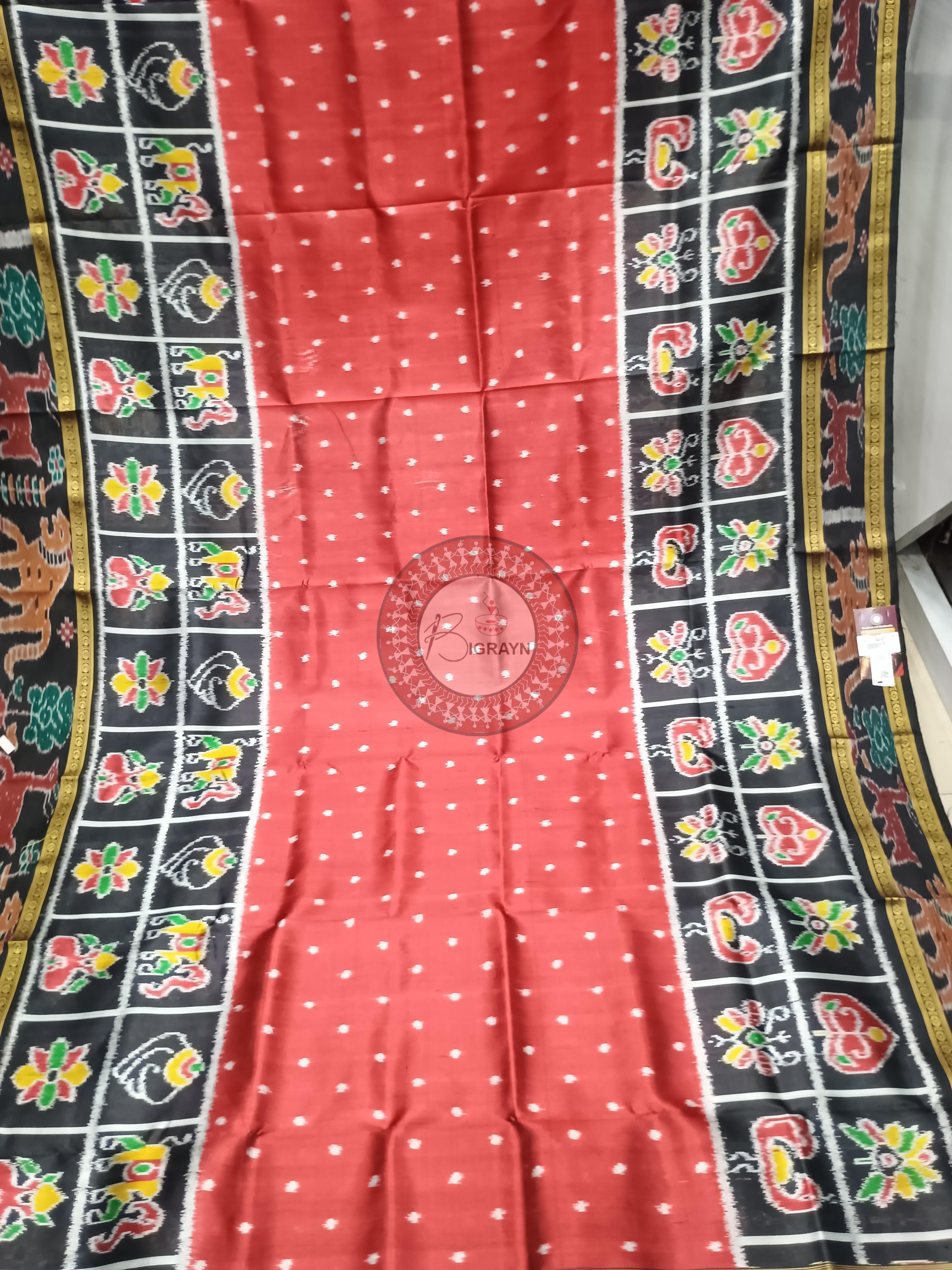 Maroon Black Scot Animal Design Khandua Silk Saree