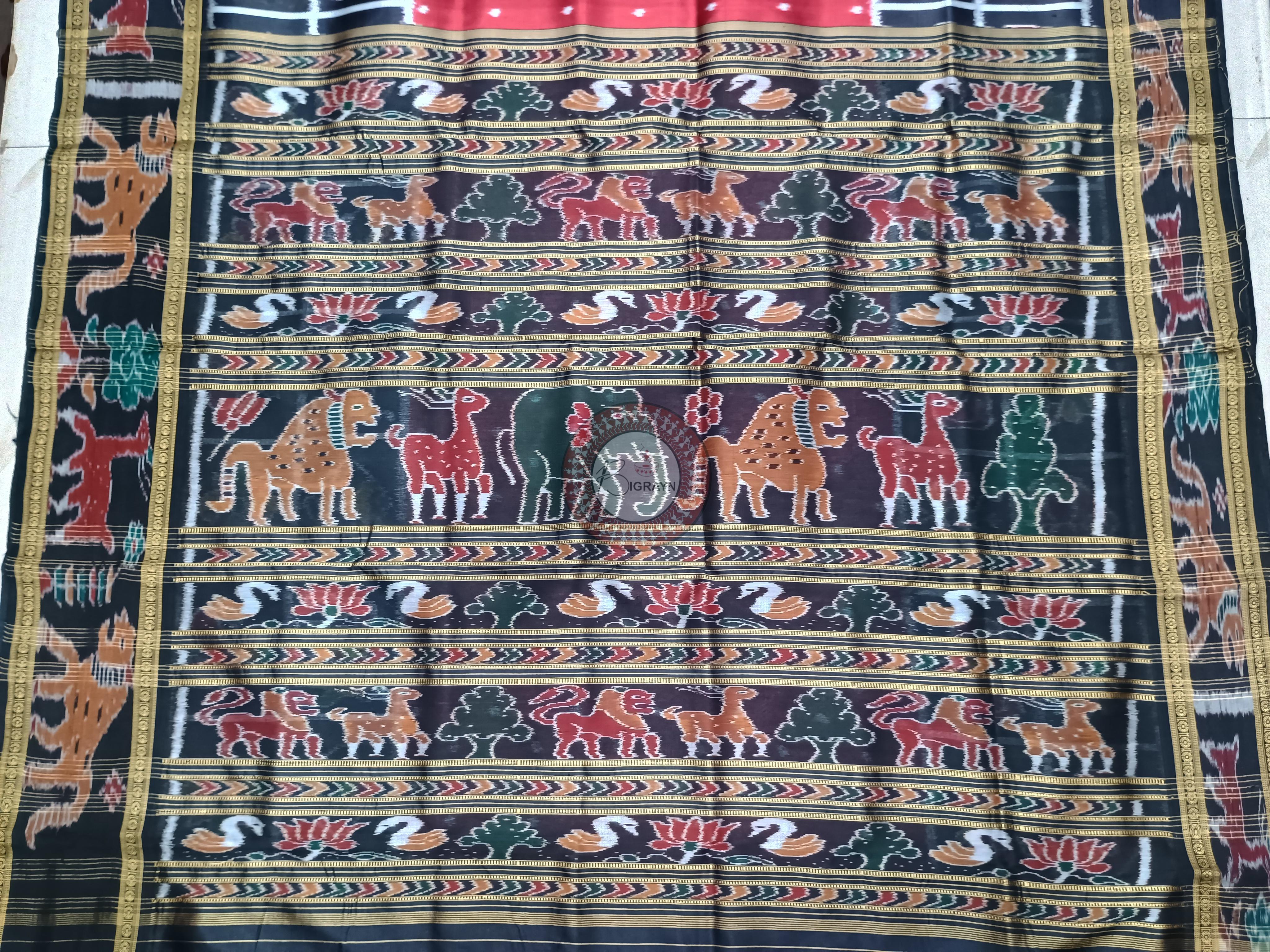 Maroon Black Scot Animal Design Khandua Silk Saree
