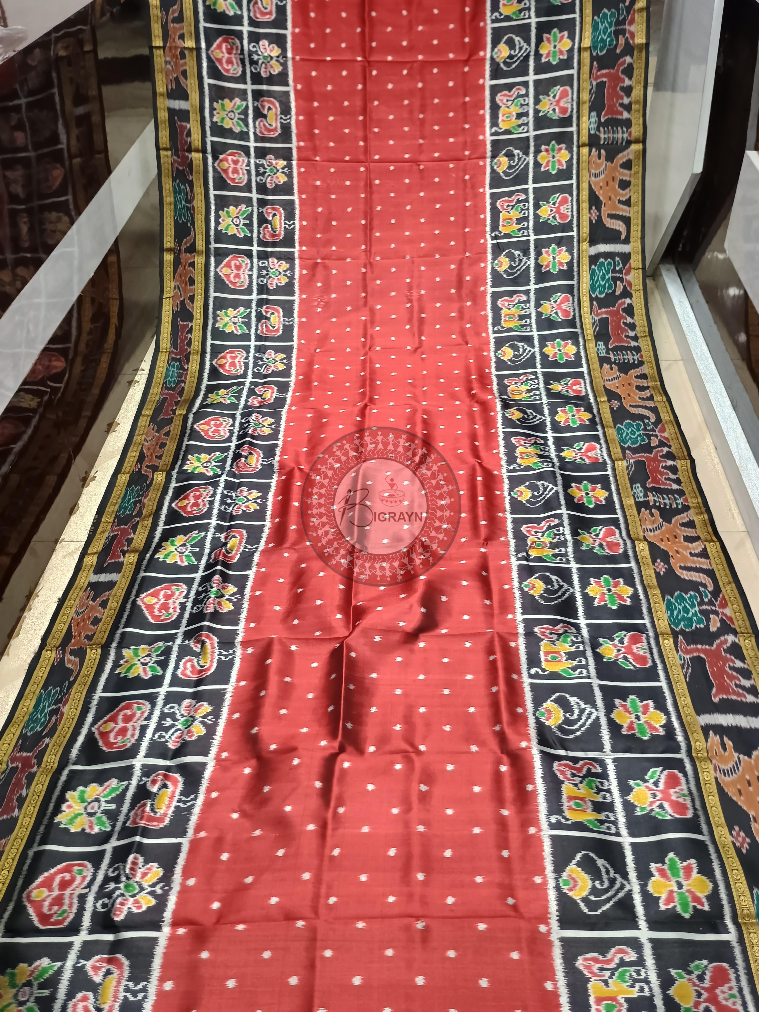 Maroon Black Scot Animal Design Khandua Silk Saree