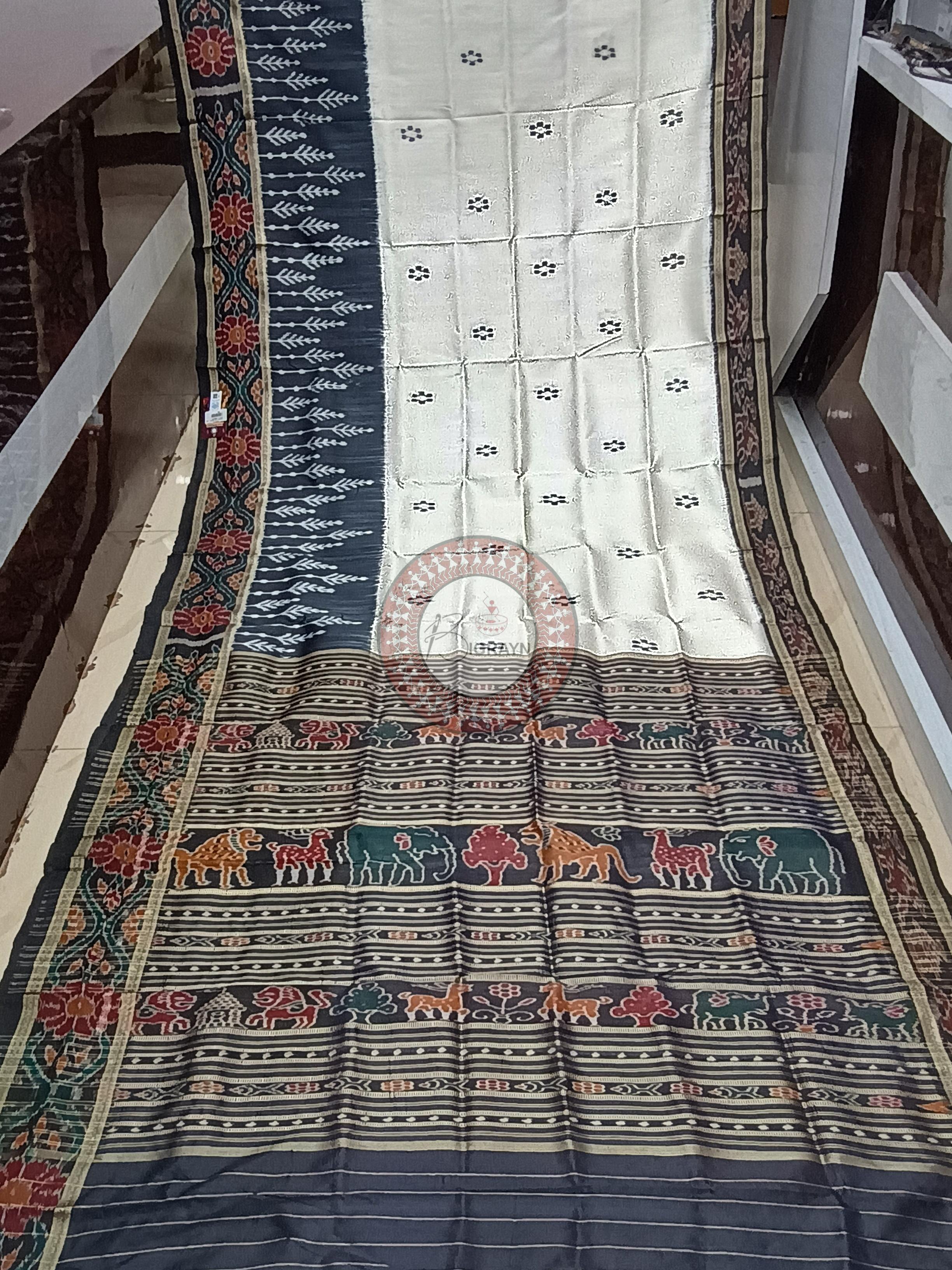 White Black Scot Tree Design Khandua Silk Saree