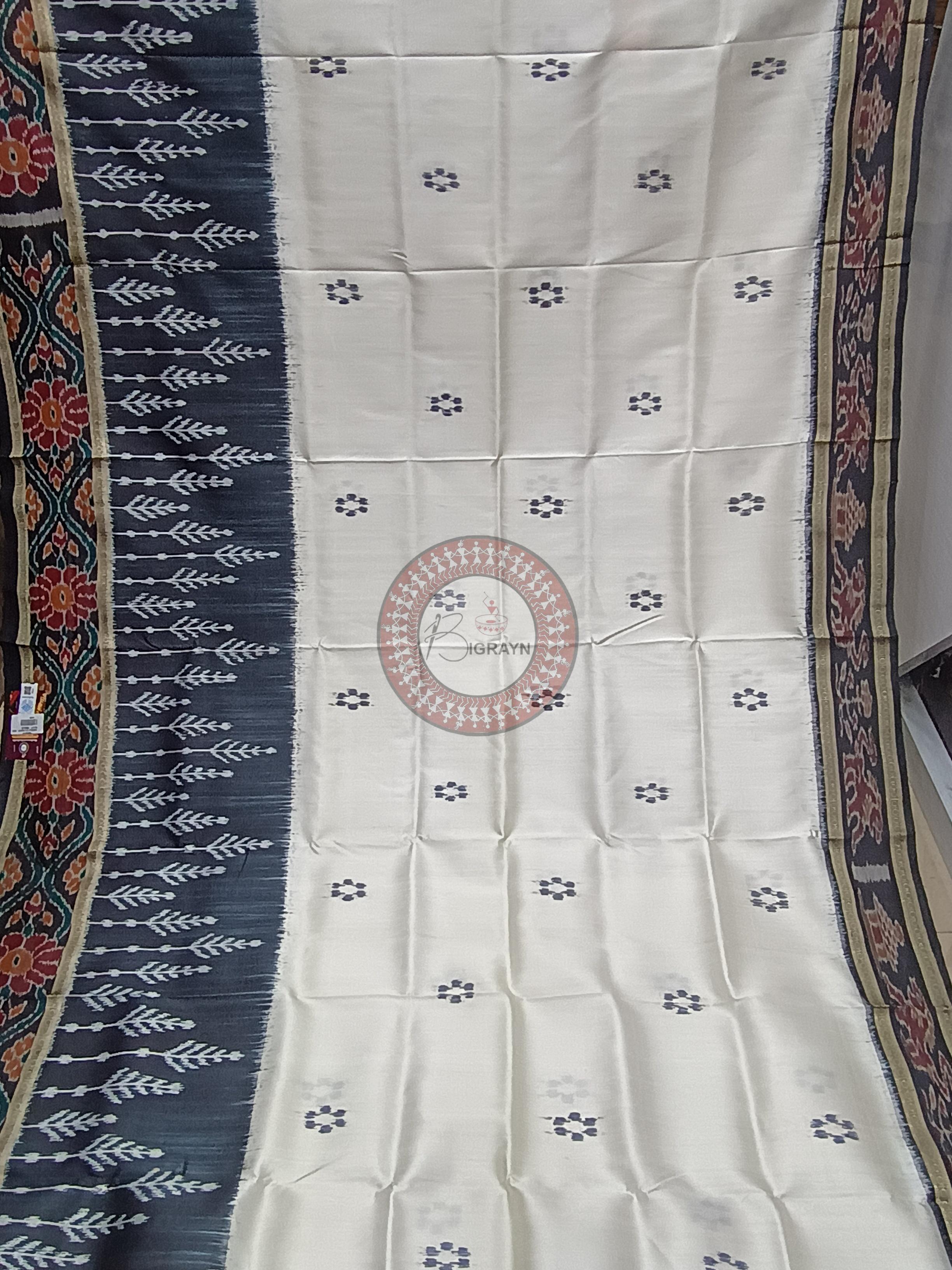 White Black Scot Tree Design Khandua Silk Saree