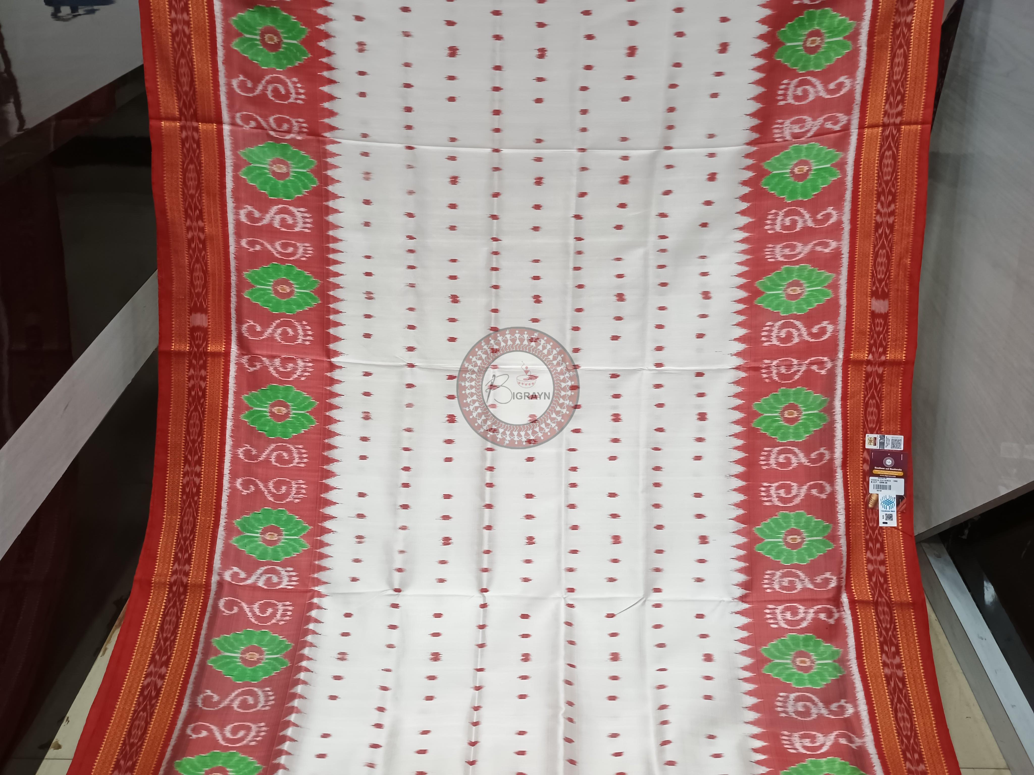 White Red Scot Laxmi Pada Flower Design Khandua Silk Saree