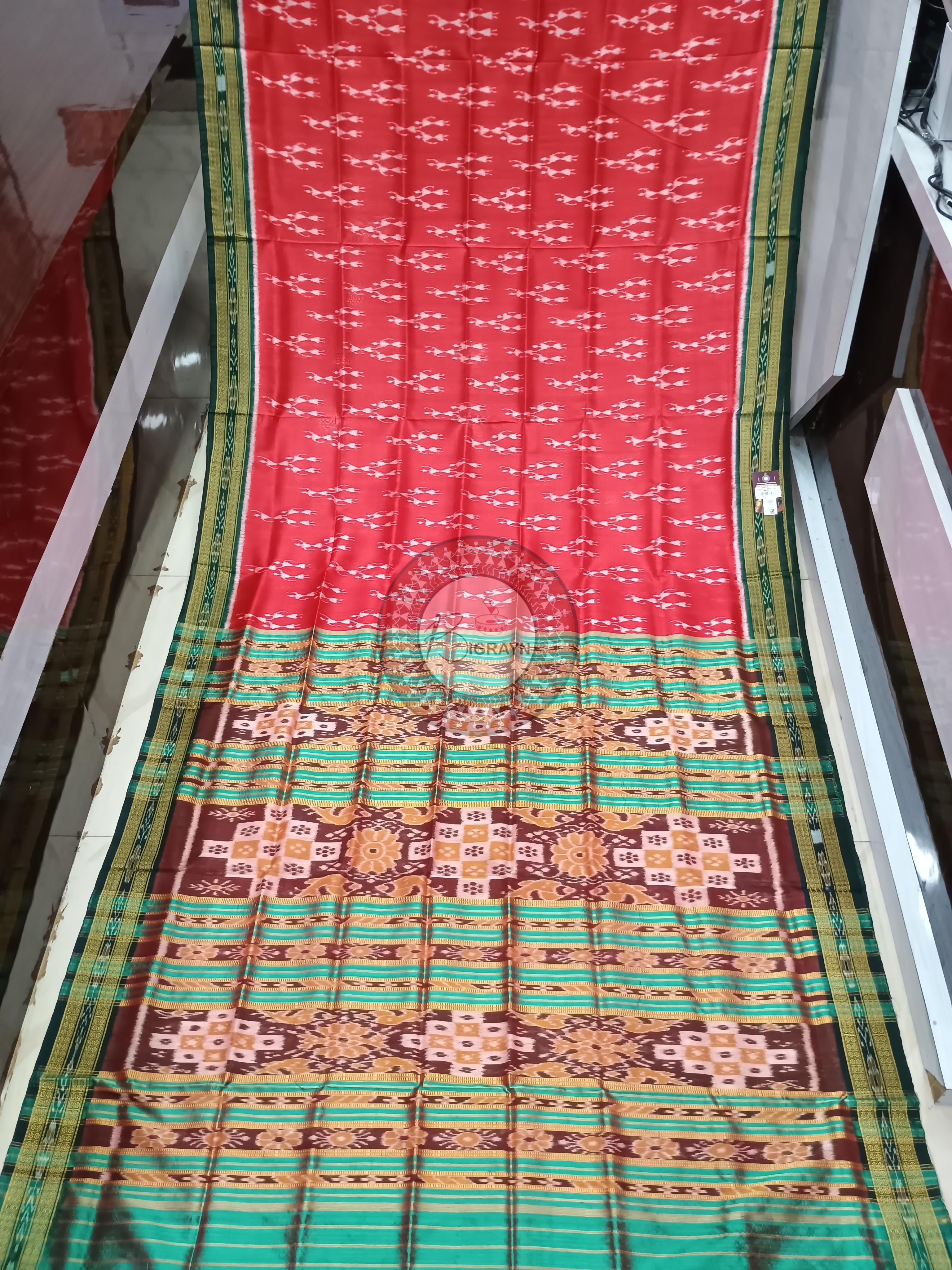Red Green Tribal Design Khandua Silk Saree