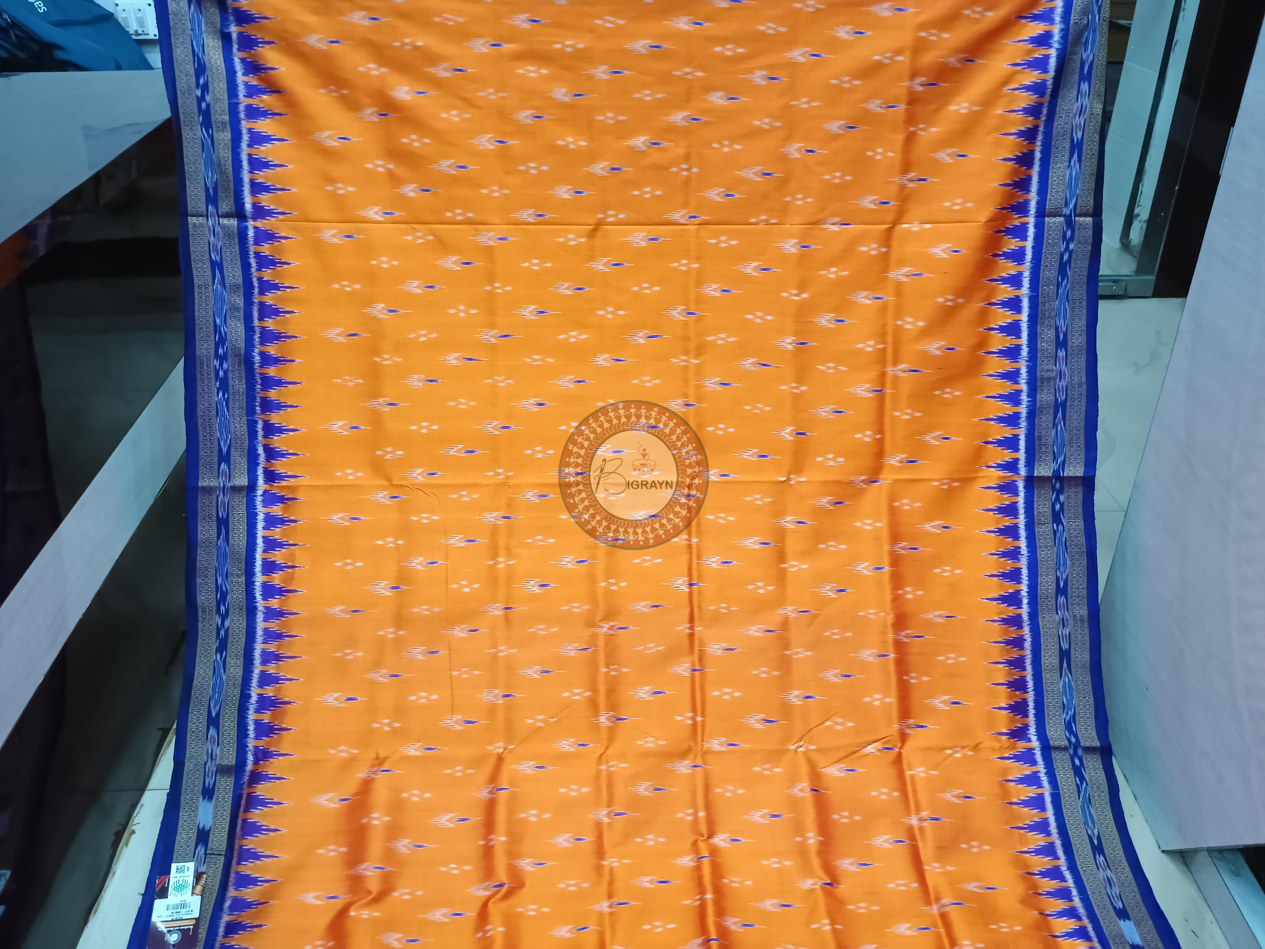 Orange Blue Mayur Chandrika Design Khandua Silk Saree