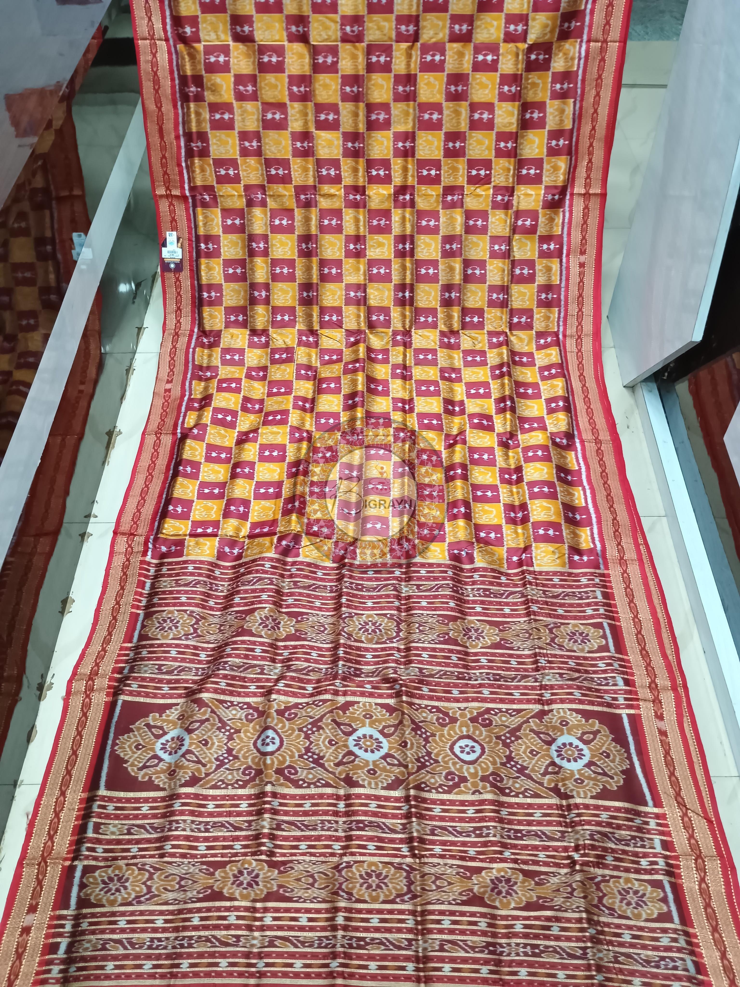 Yellow Maroon Tribal Design Khandua Silk Saree