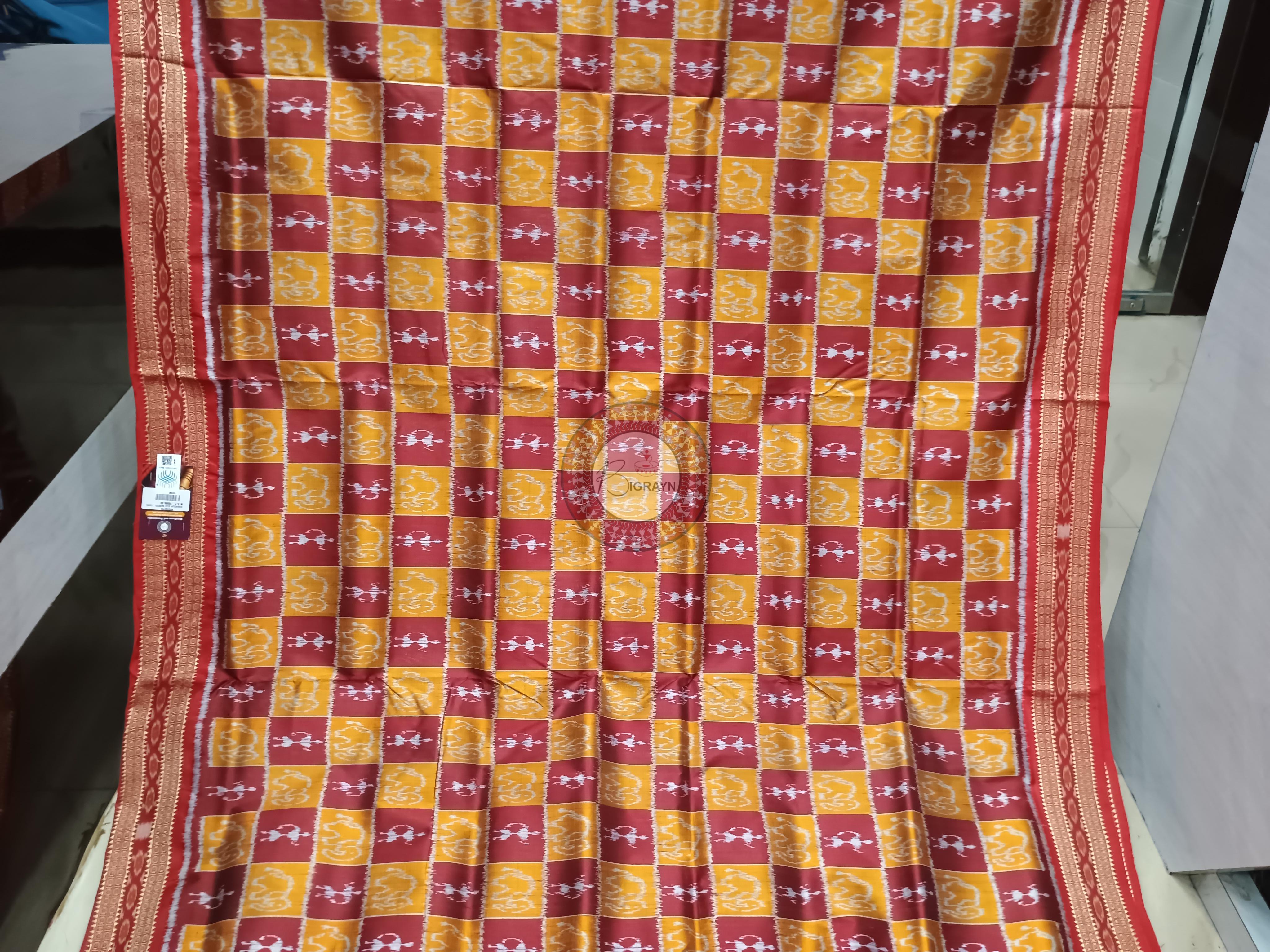Yellow Maroon Tribal Design Khandua Silk Saree