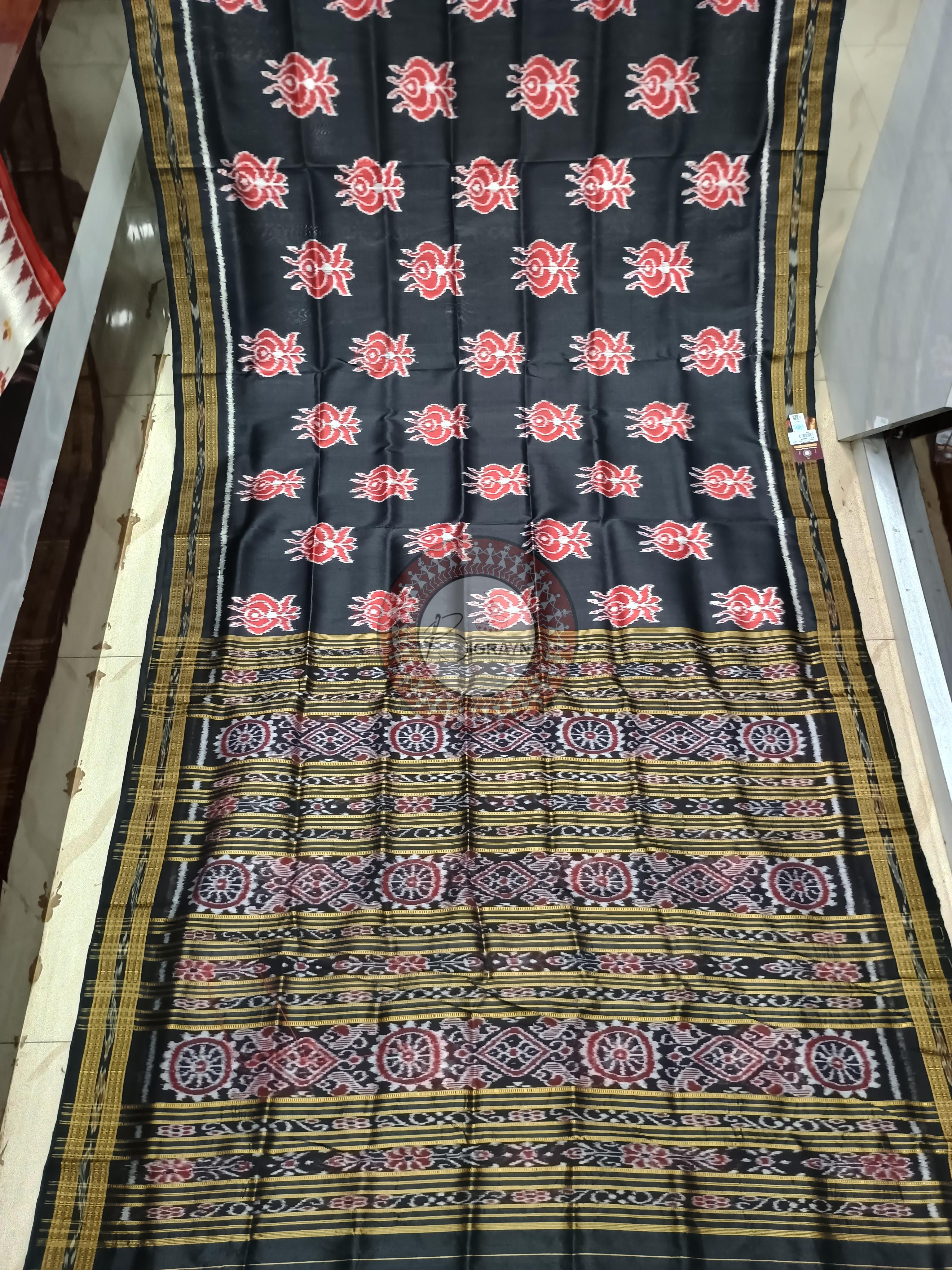 Black Lotus Design Khandua Silk Saree
