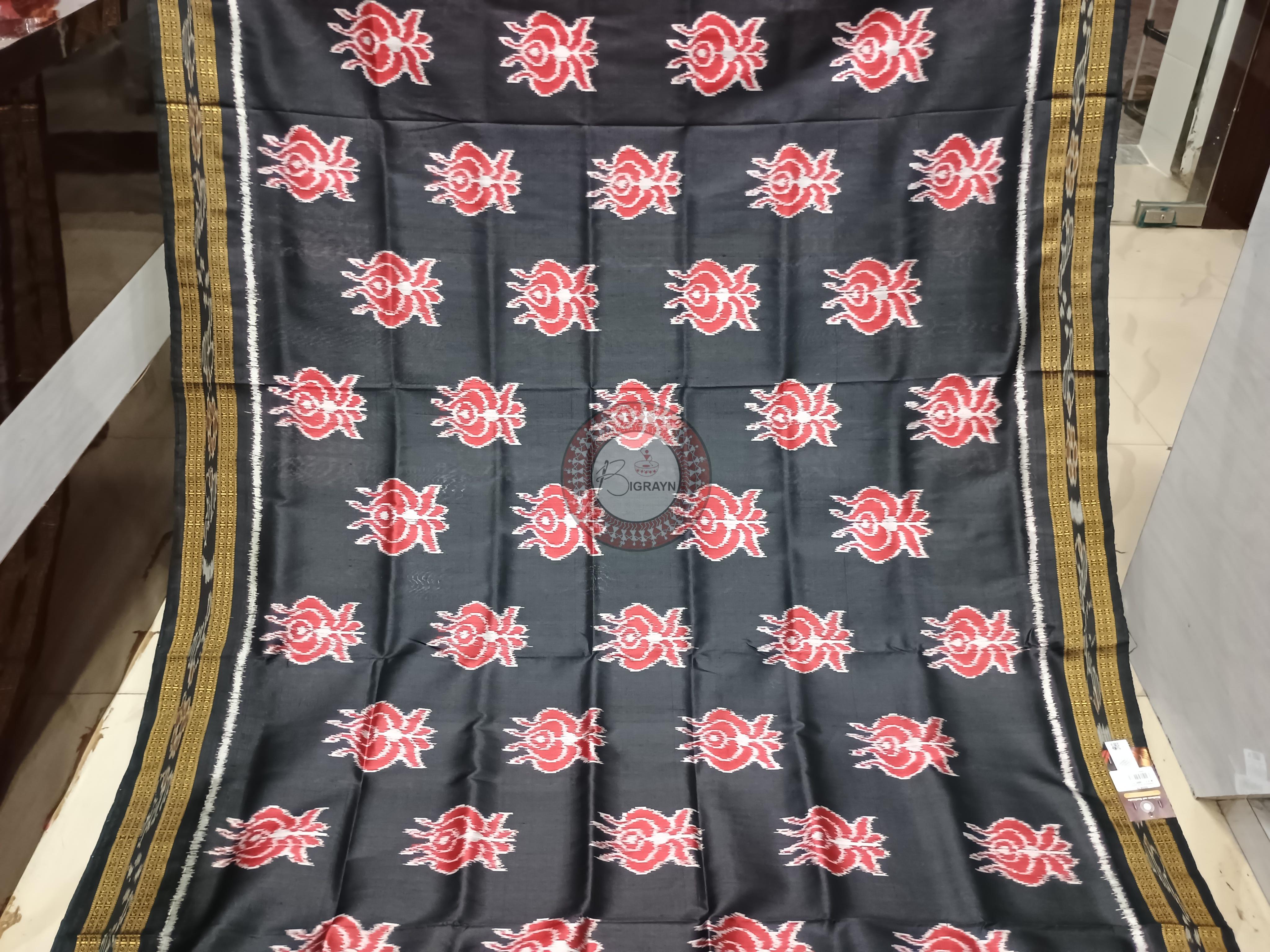 Black Lotus Design Khandua Silk Saree