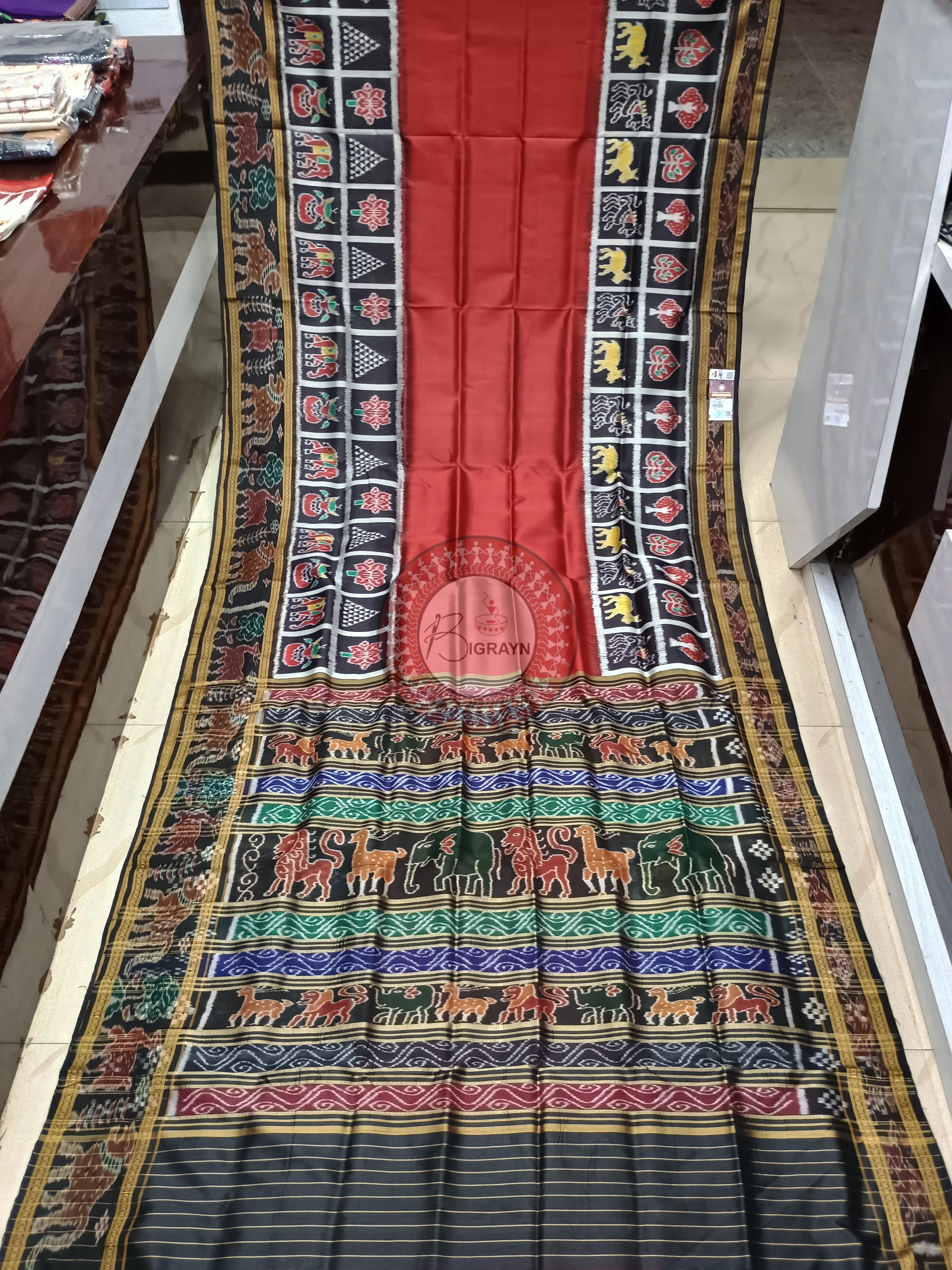 Maroon Black Scot Animal Design Khandua Silk Saree