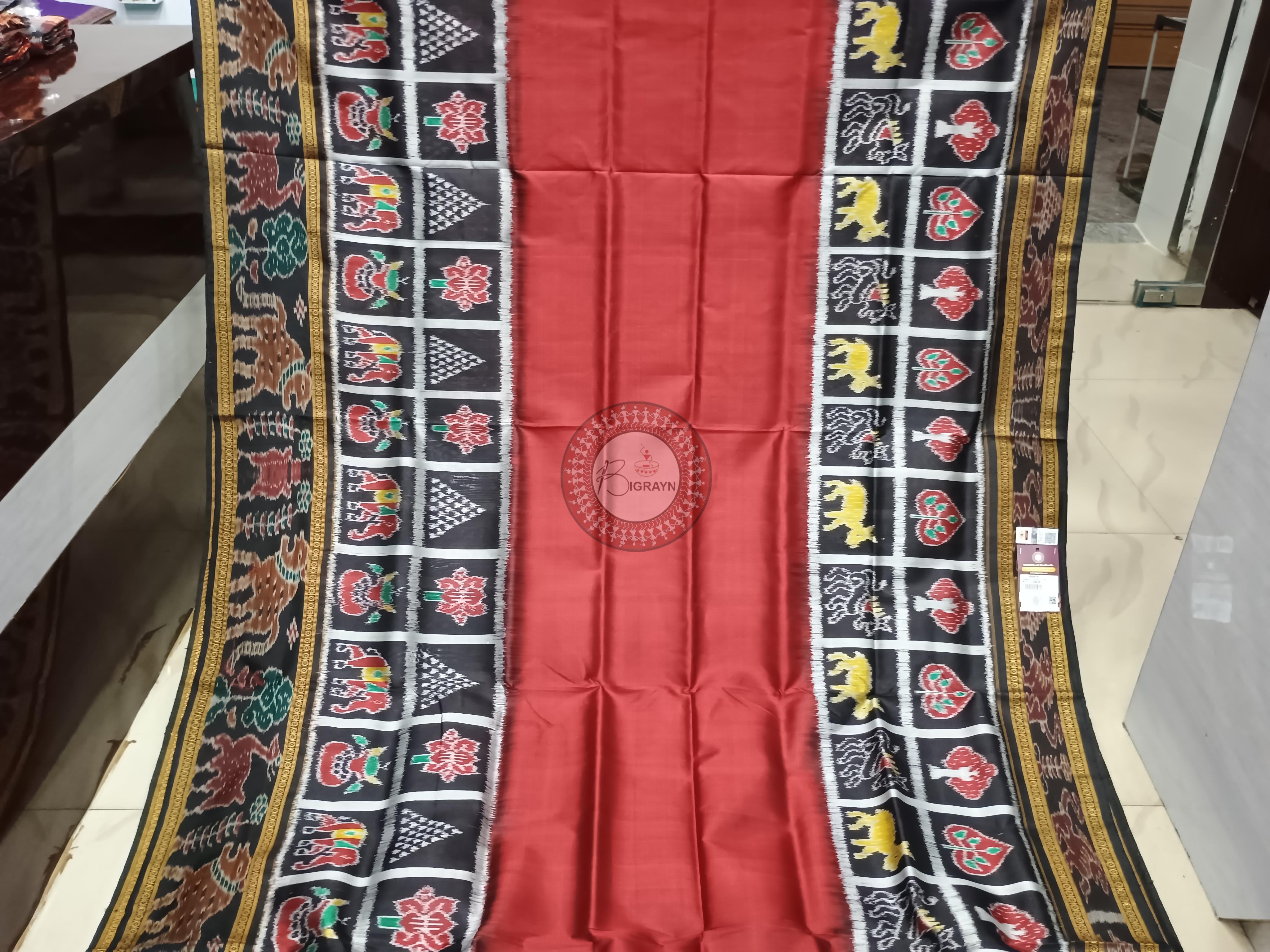 Maroon Black Scot Animal Design Khandua Silk Saree