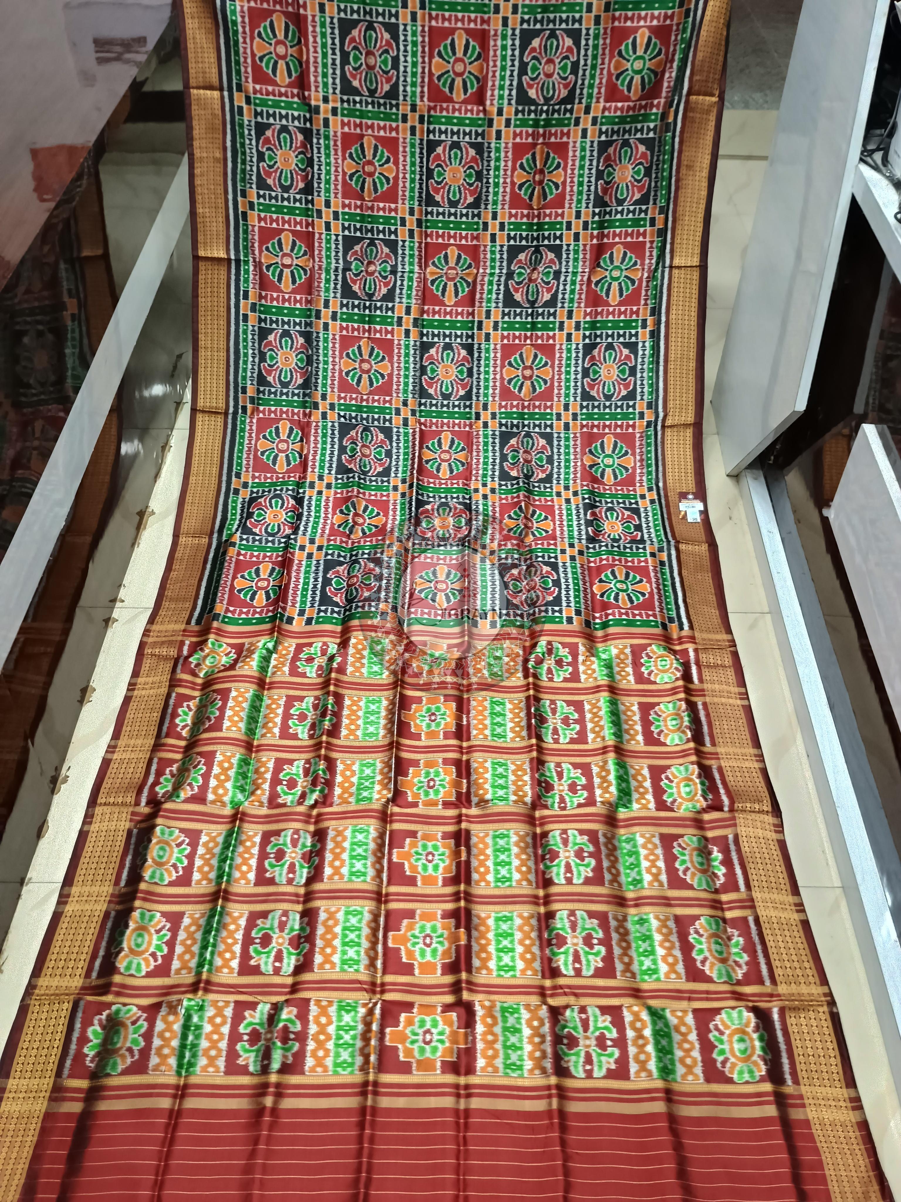 Maroon Green Utkal Laxmi Design Khandua Silk Saree