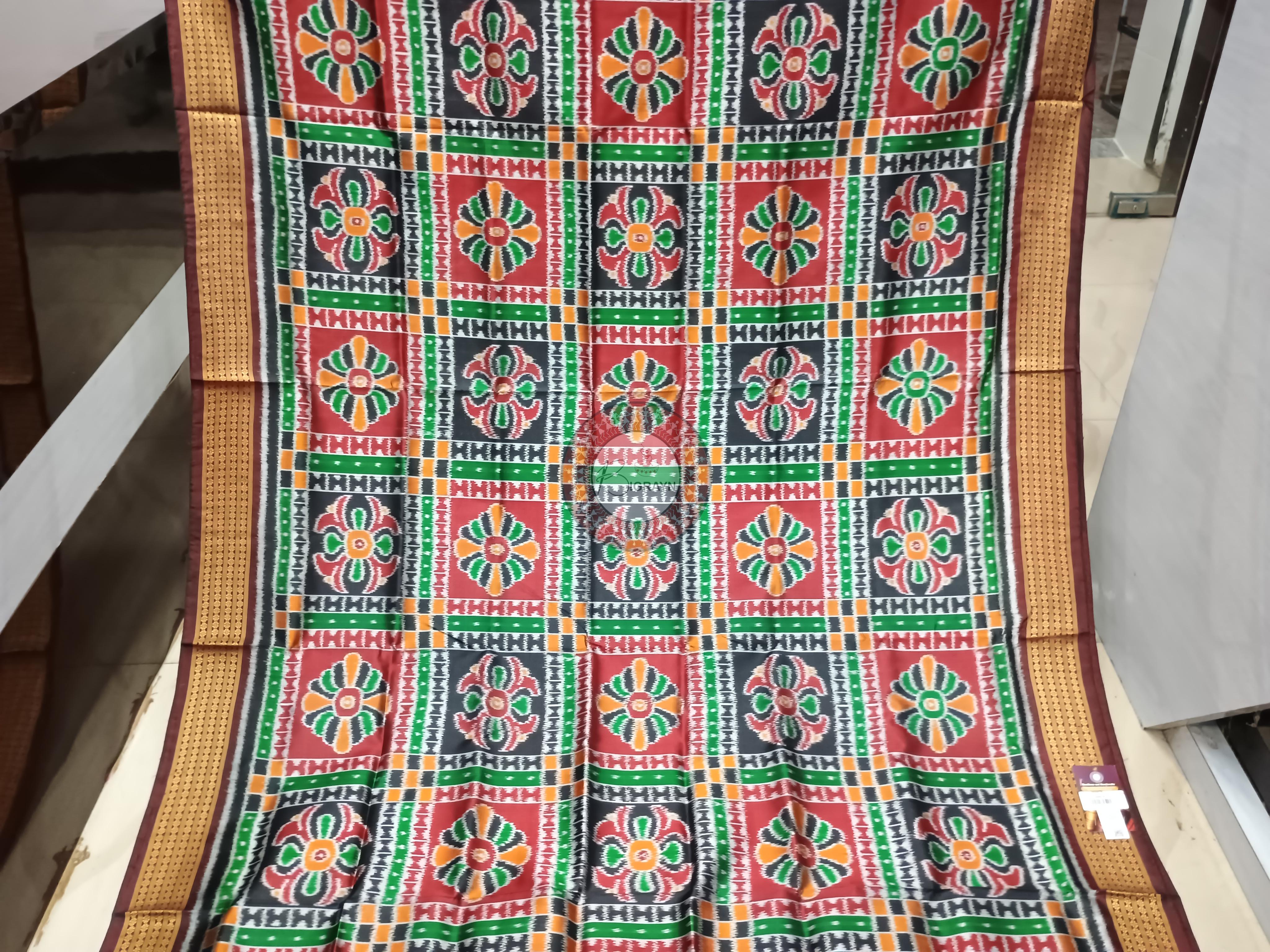 Maroon Green Utkal Laxmi Design Khandua Silk Saree