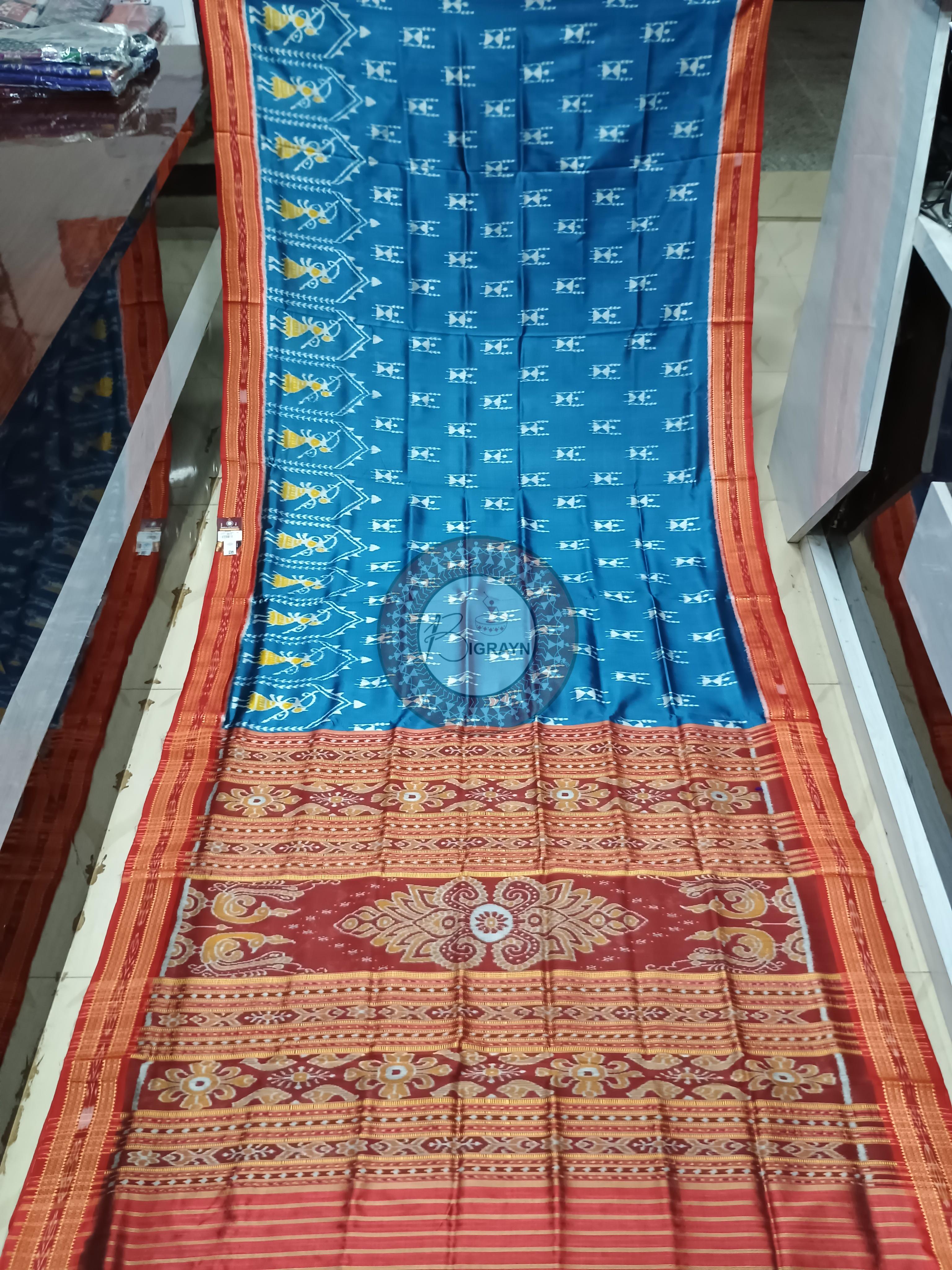 Teal Blue Red Tribal Design Khandua Silk Saree