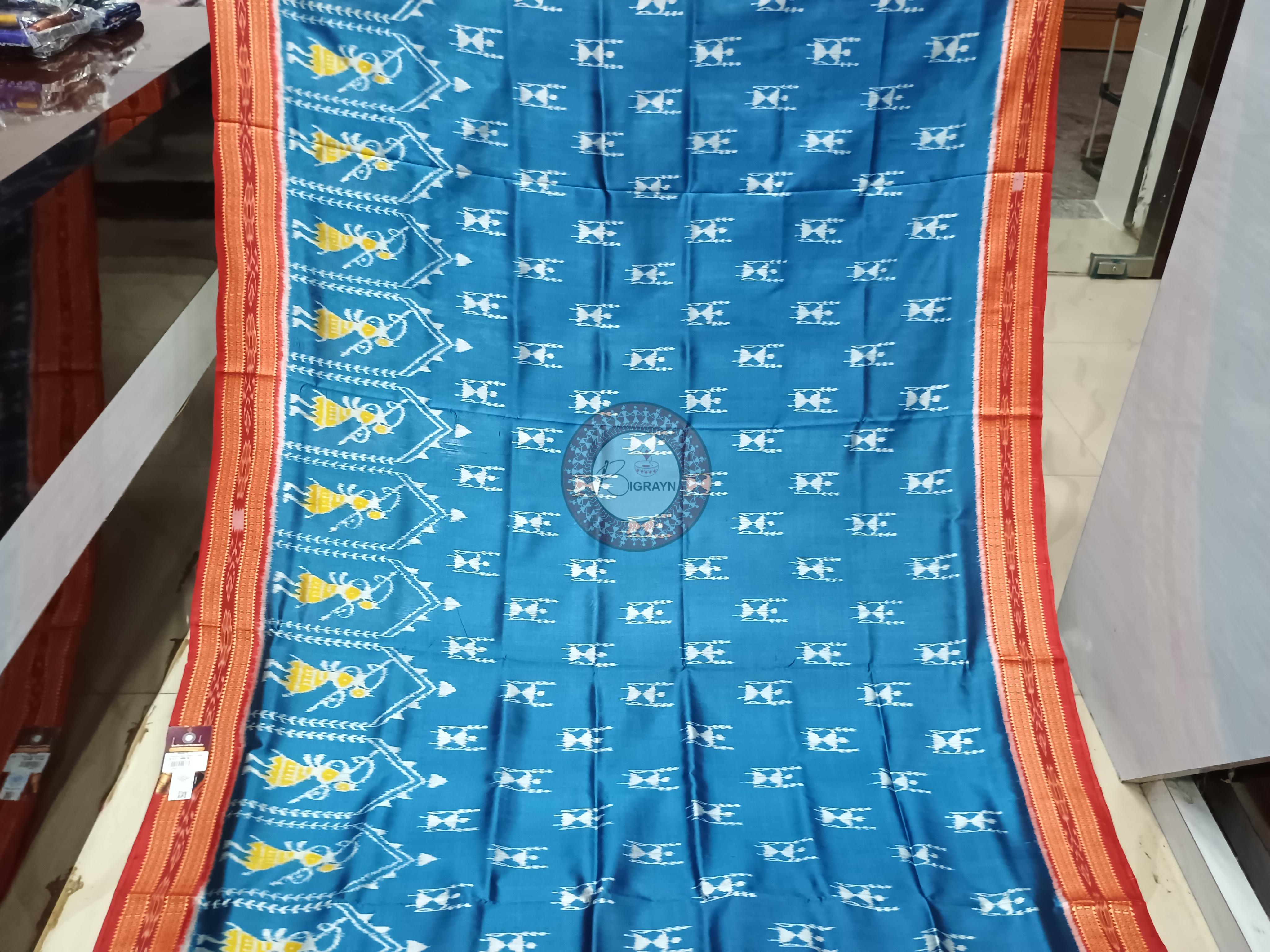 Teal Blue Red Tribal Design Khandua Silk Saree