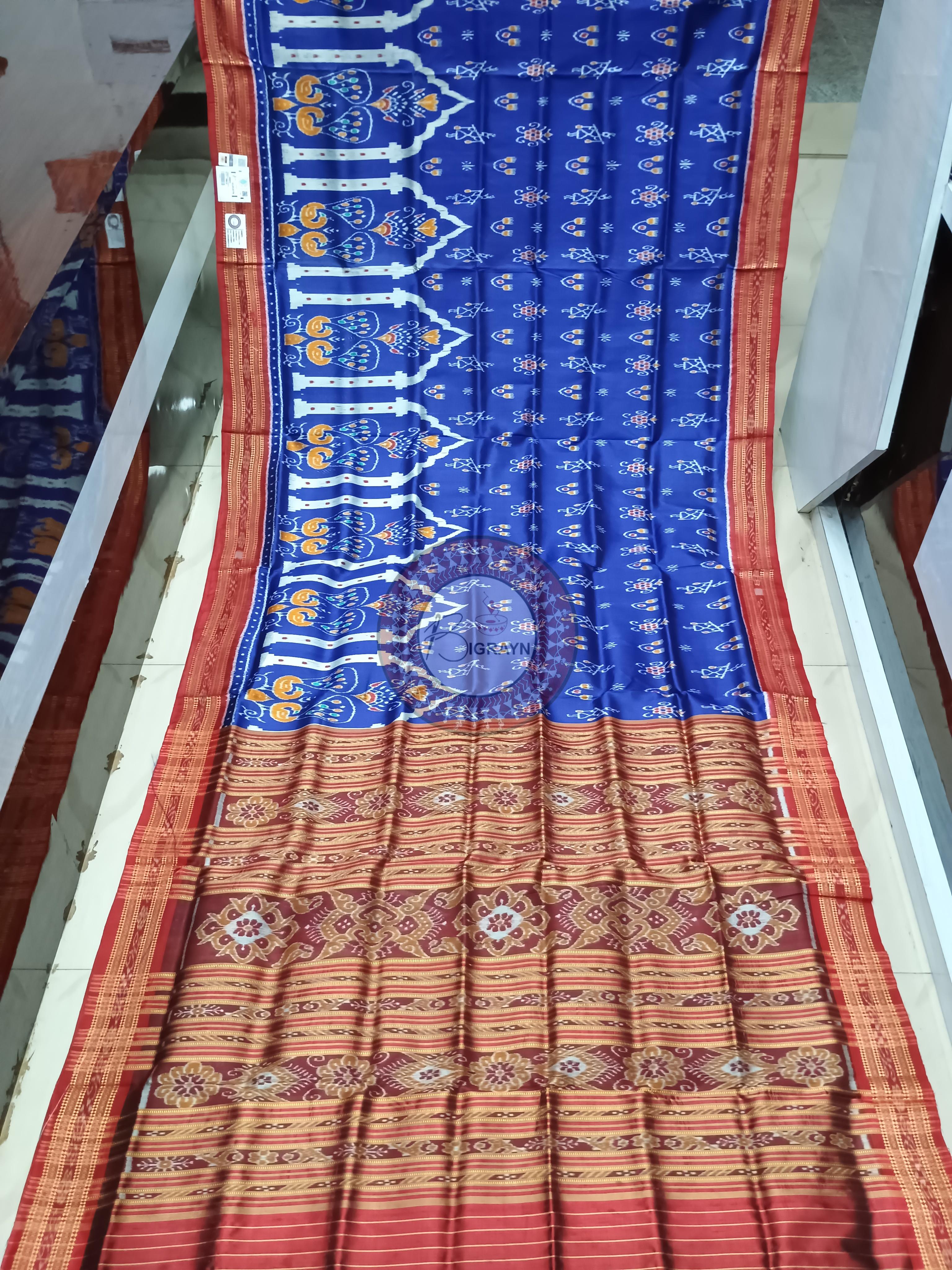 Blue Red Peacock Scot Design Khandua Silk Saree