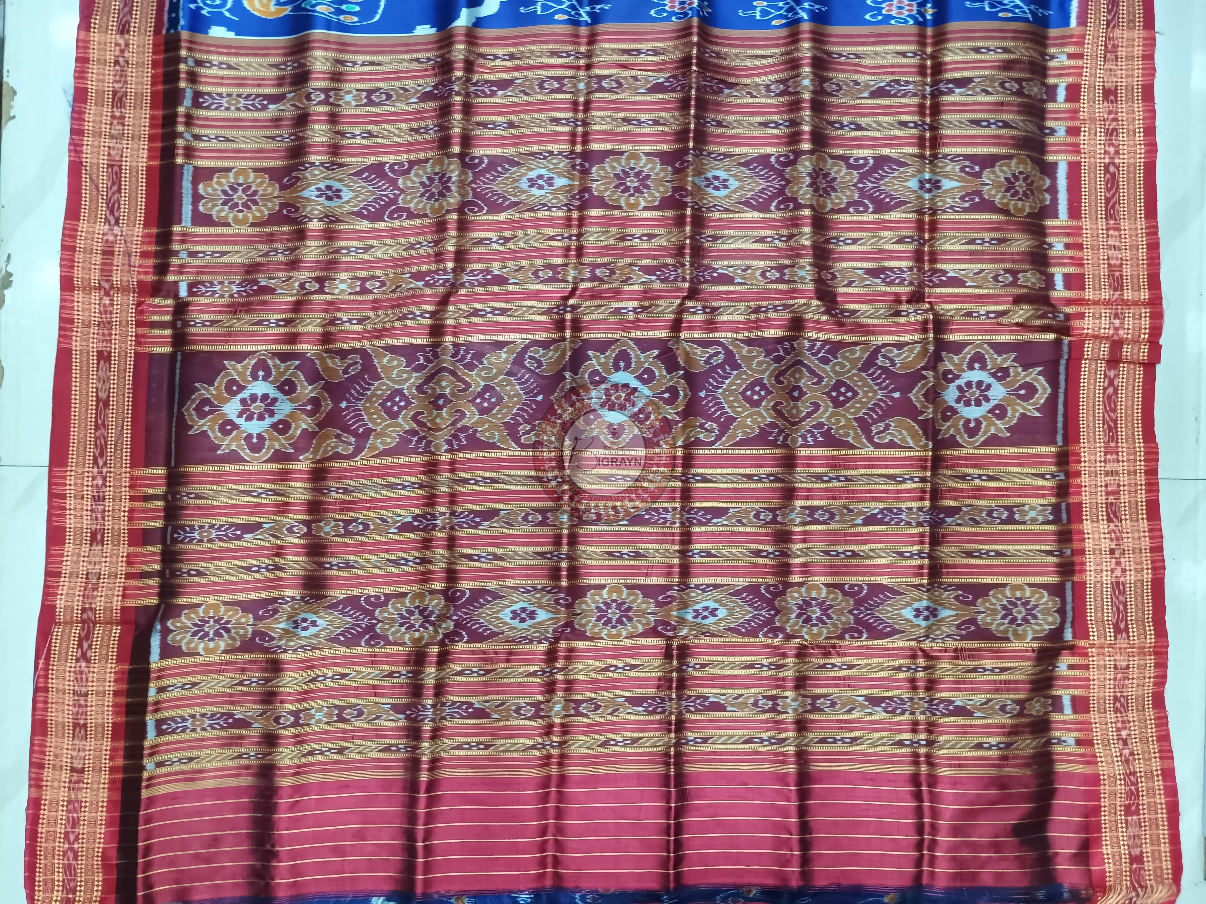 Blue Red Peacock Scot Design Khandua Silk Saree