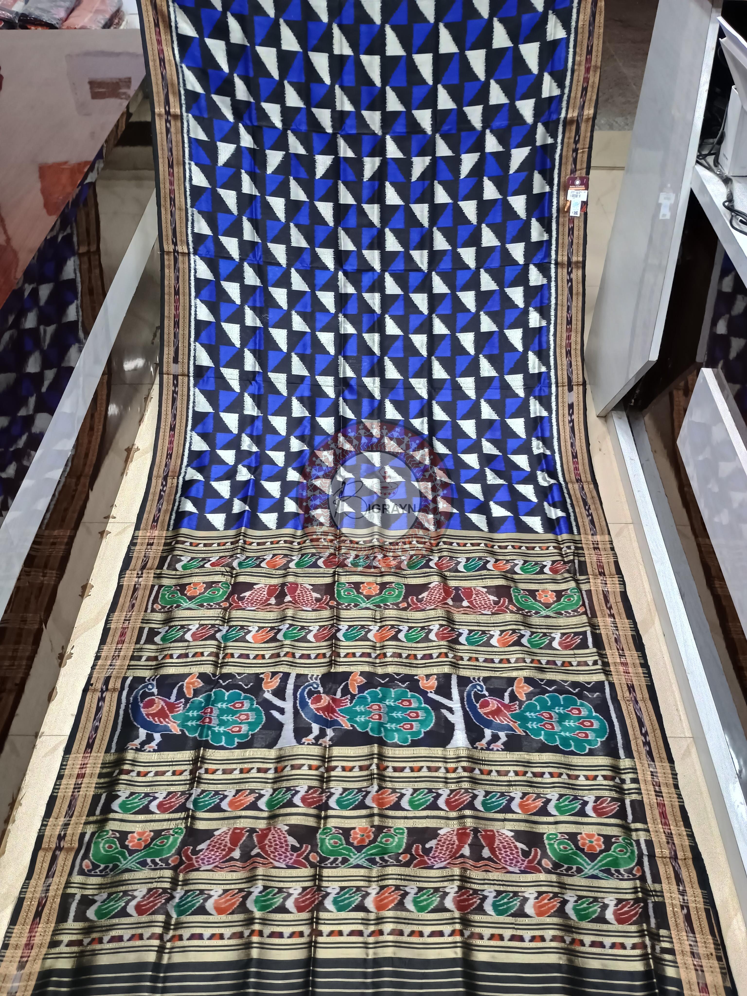 Blue Black Flag Design Khandua Silk Saree