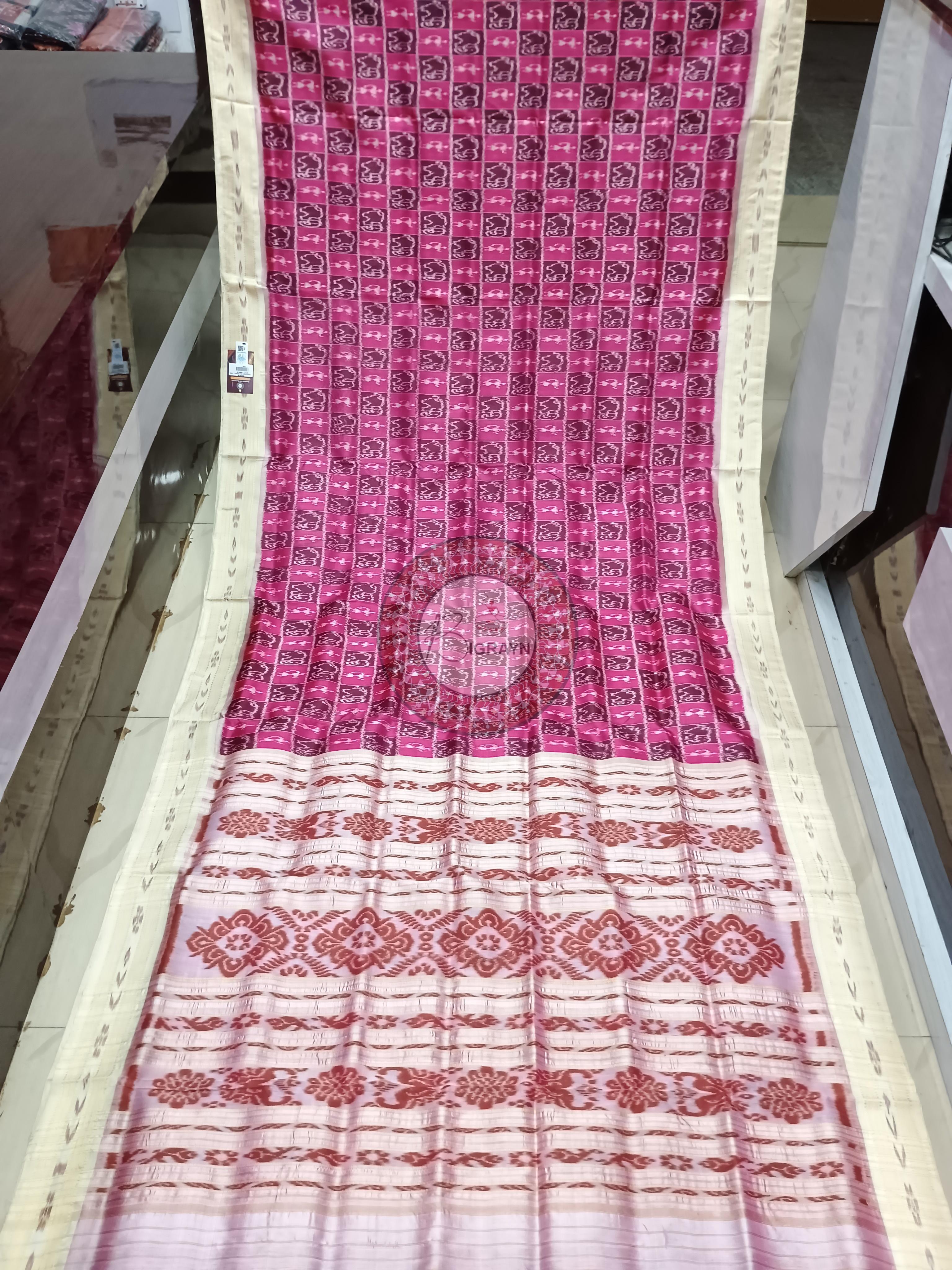 Pink White Animal Design Khandua Silk Saree