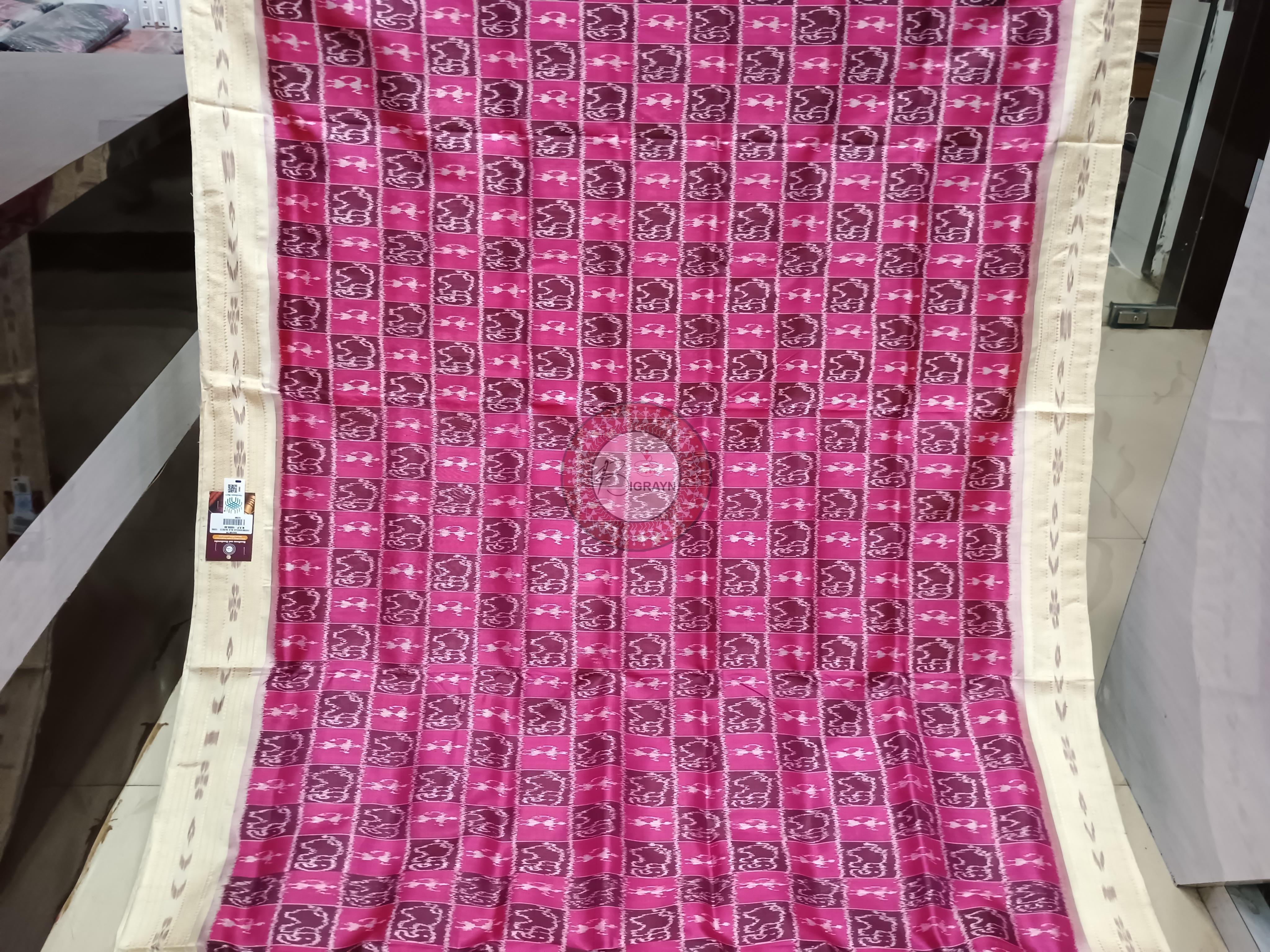 Pink White Animal Design Khandua Silk Saree