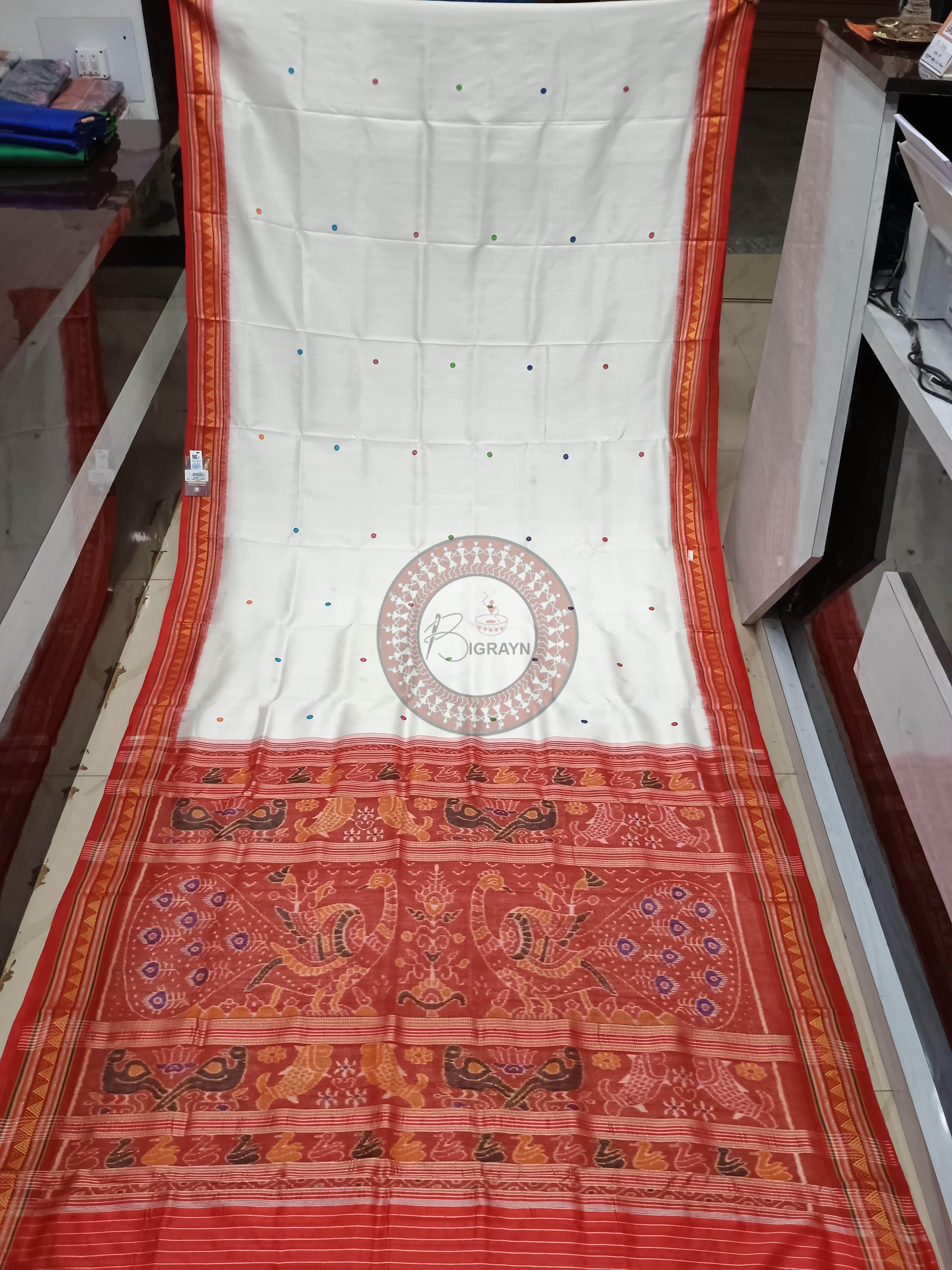 White Red Dongria Border Peacock Anchle Khandua Silk Saree