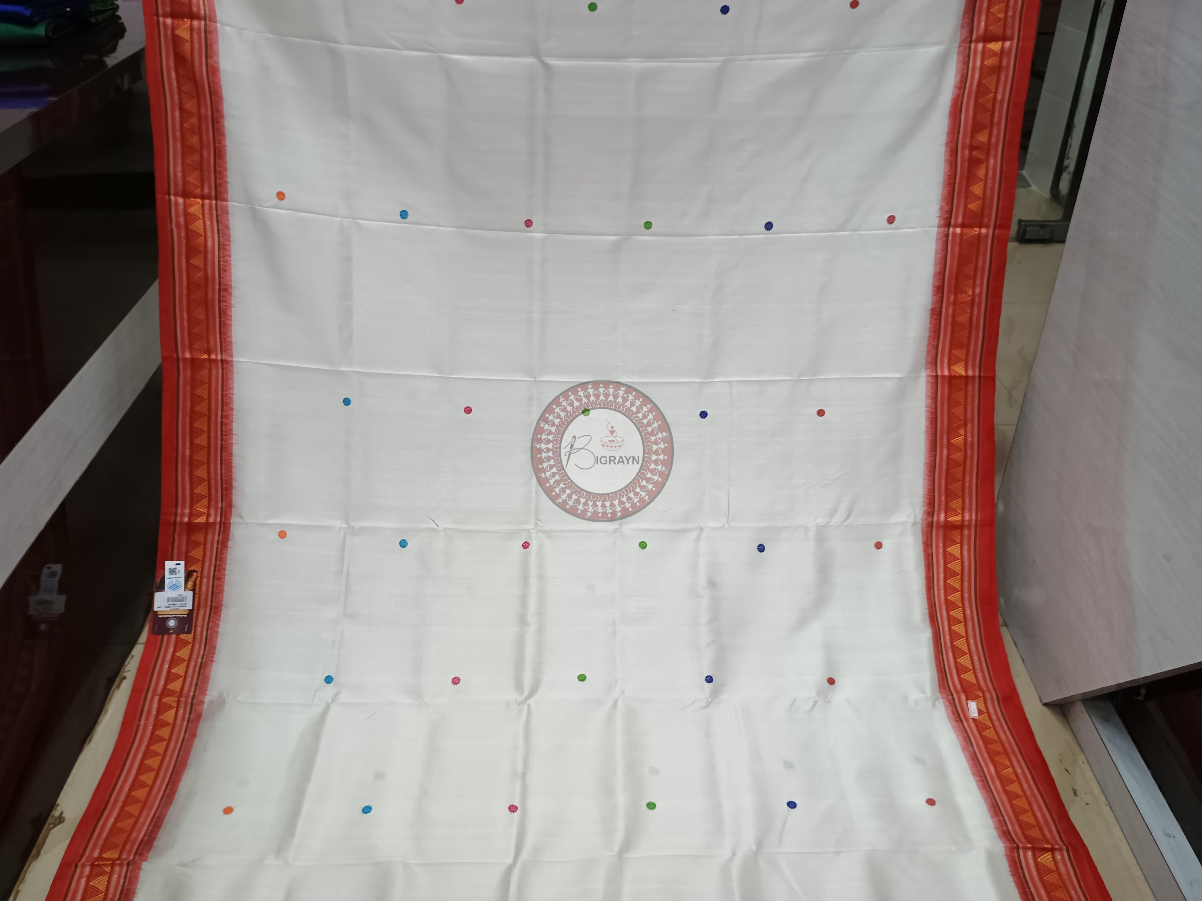 White Red Dongria Border Peacock Anchle Khandua Silk Saree