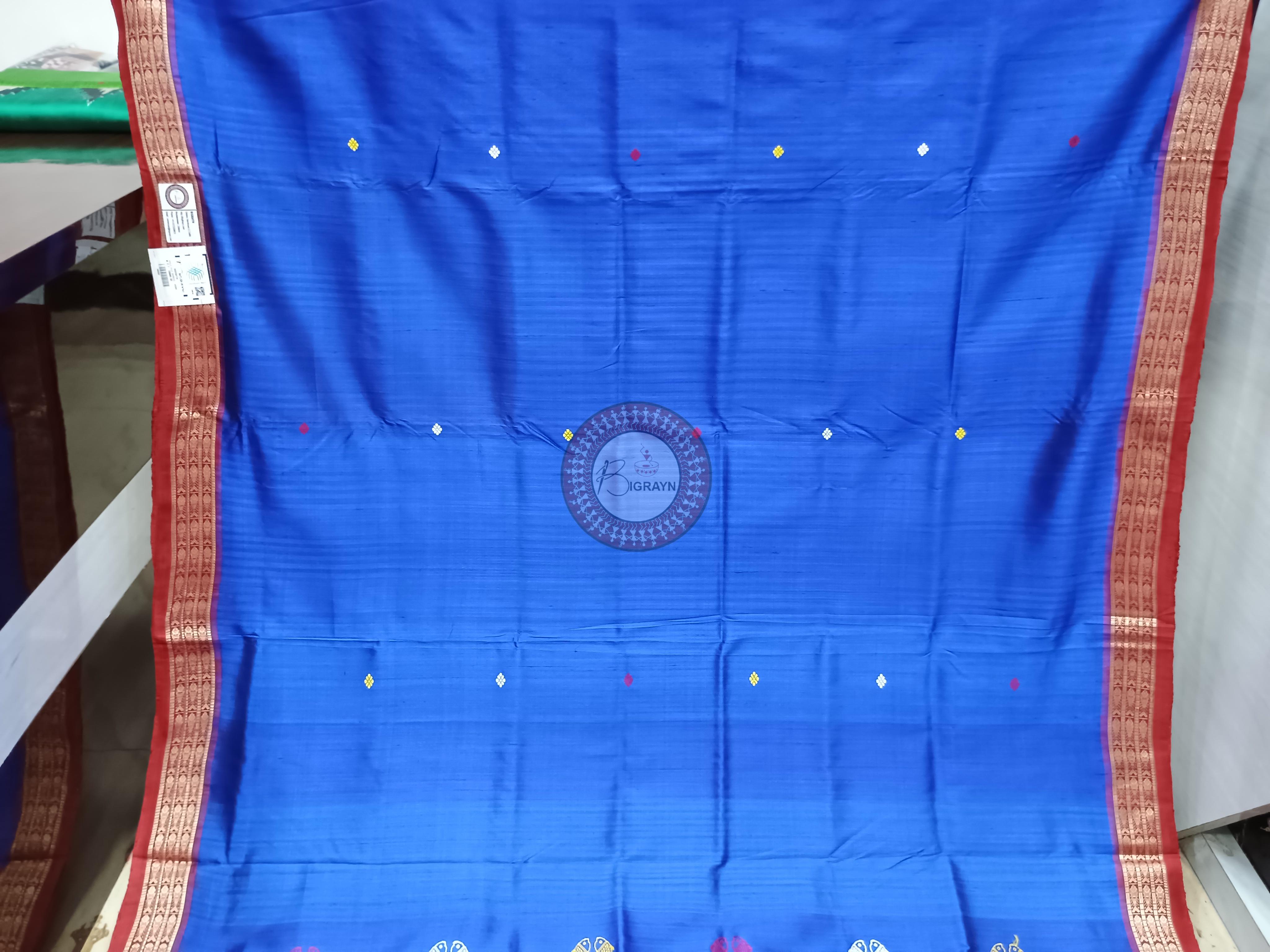 Blue Red Jalla Border Khandua Silk Saree