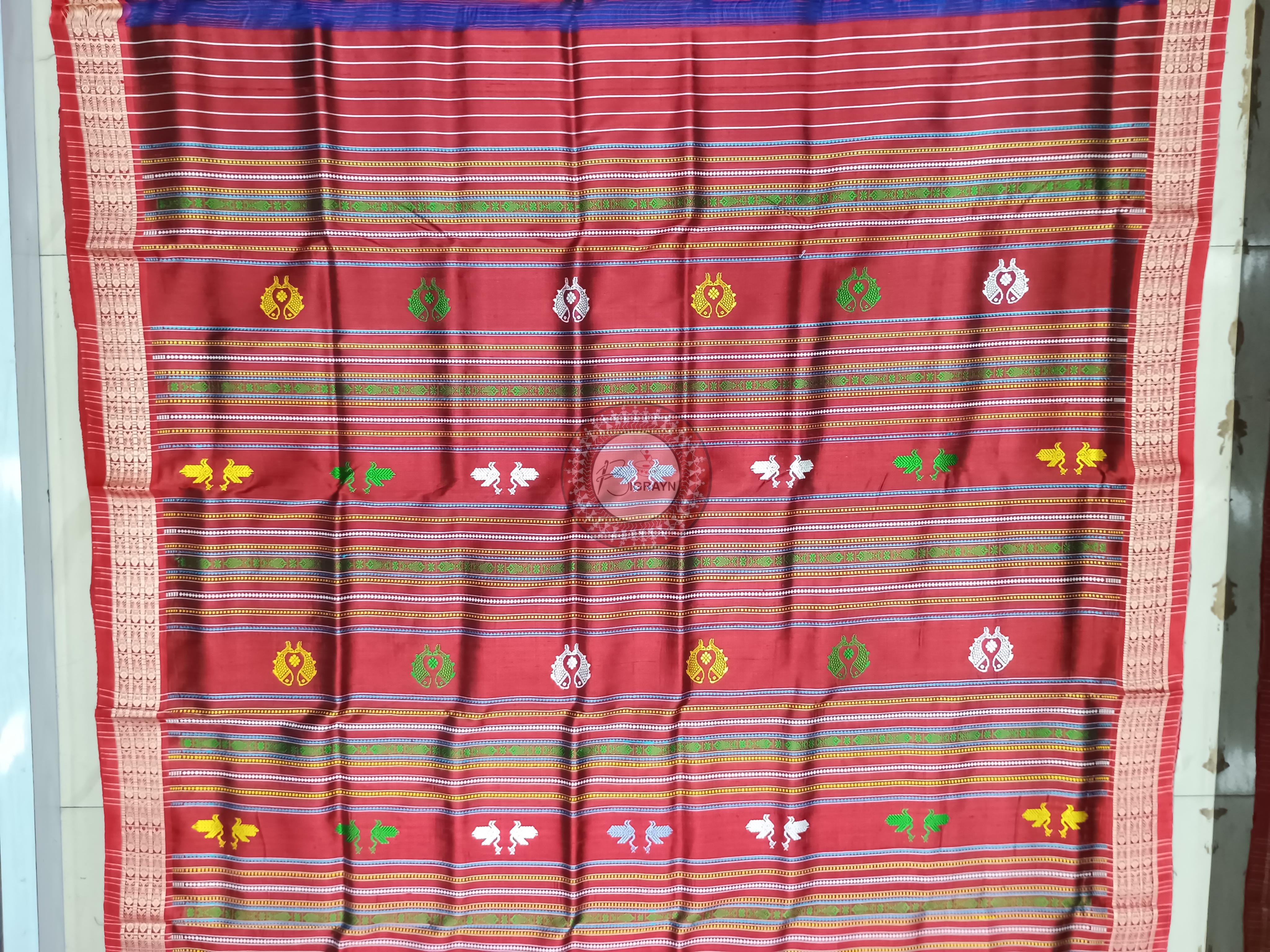 Blue Red Jalla Border Khandua Silk Saree