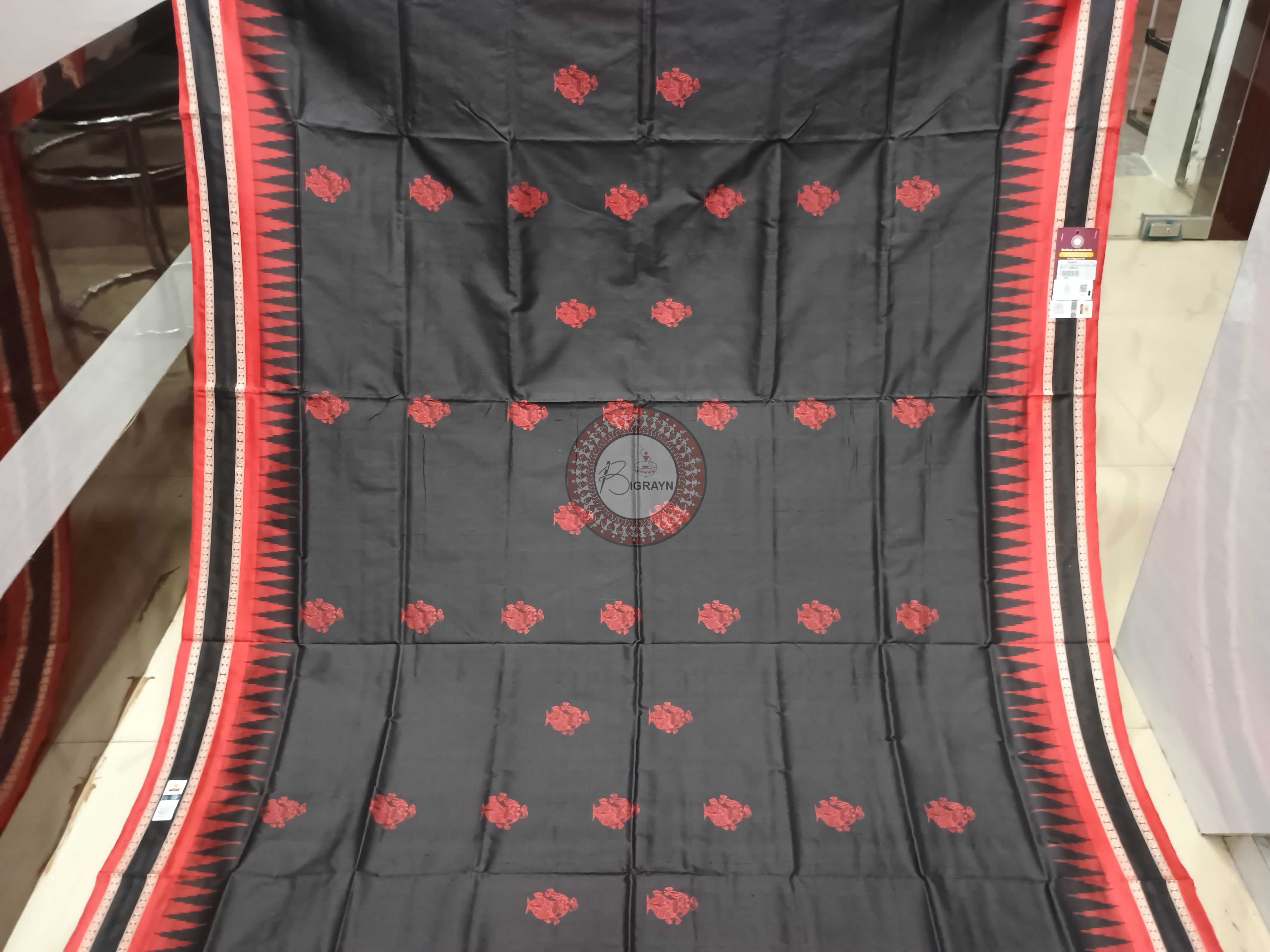 Black Red Natraj Exclusive Bomkai Silk Saree